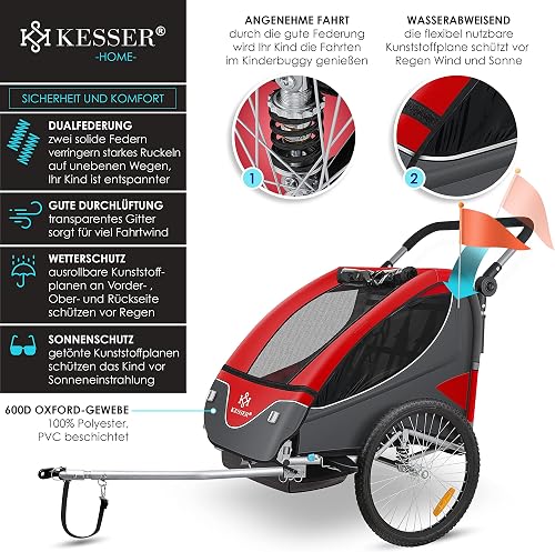 KESSER® Remorque de vélo pour Enfant - Rotation à 360° - avec Suspension 2 en 1 - Fonction Jogger - Remorque de vélo pour Enfant - Sangle à 5 Points - pour 1 à 2 Enfants - 40 kg - 3