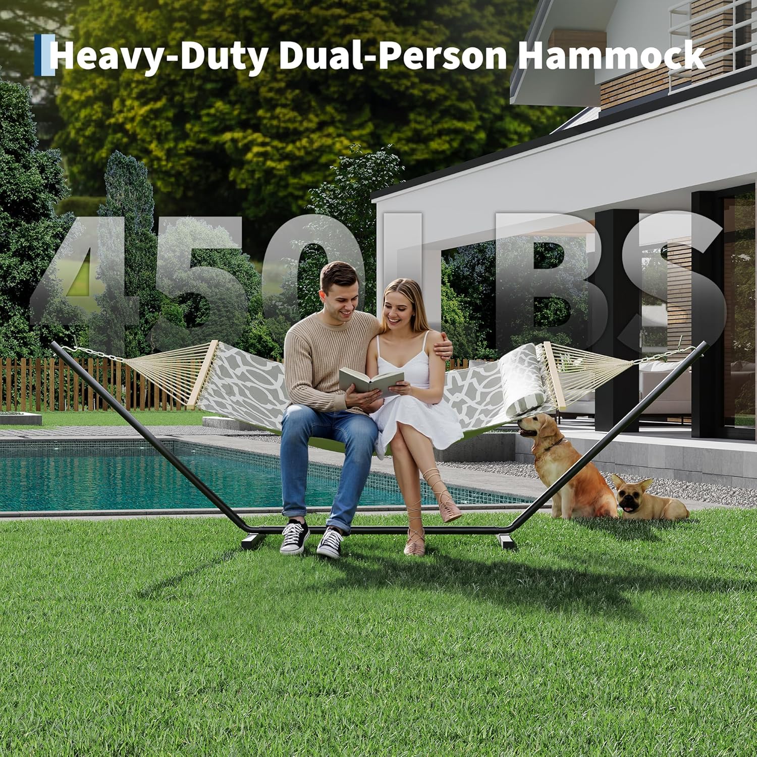 Garvee Double Hammock with Stand for Outdoor, Heavy Duty Portable 2 Person Hammock with Adjustable Steel Stand for Patio, Garden, Beach, Backyard