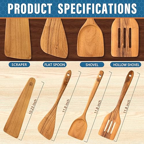 Miniatura 3 de Brillantica Juego de 4 utensilios de cocina de madera, cucharas y espátulas de madera natural, no tóxico, ecológico, duradero, espátula y espátula