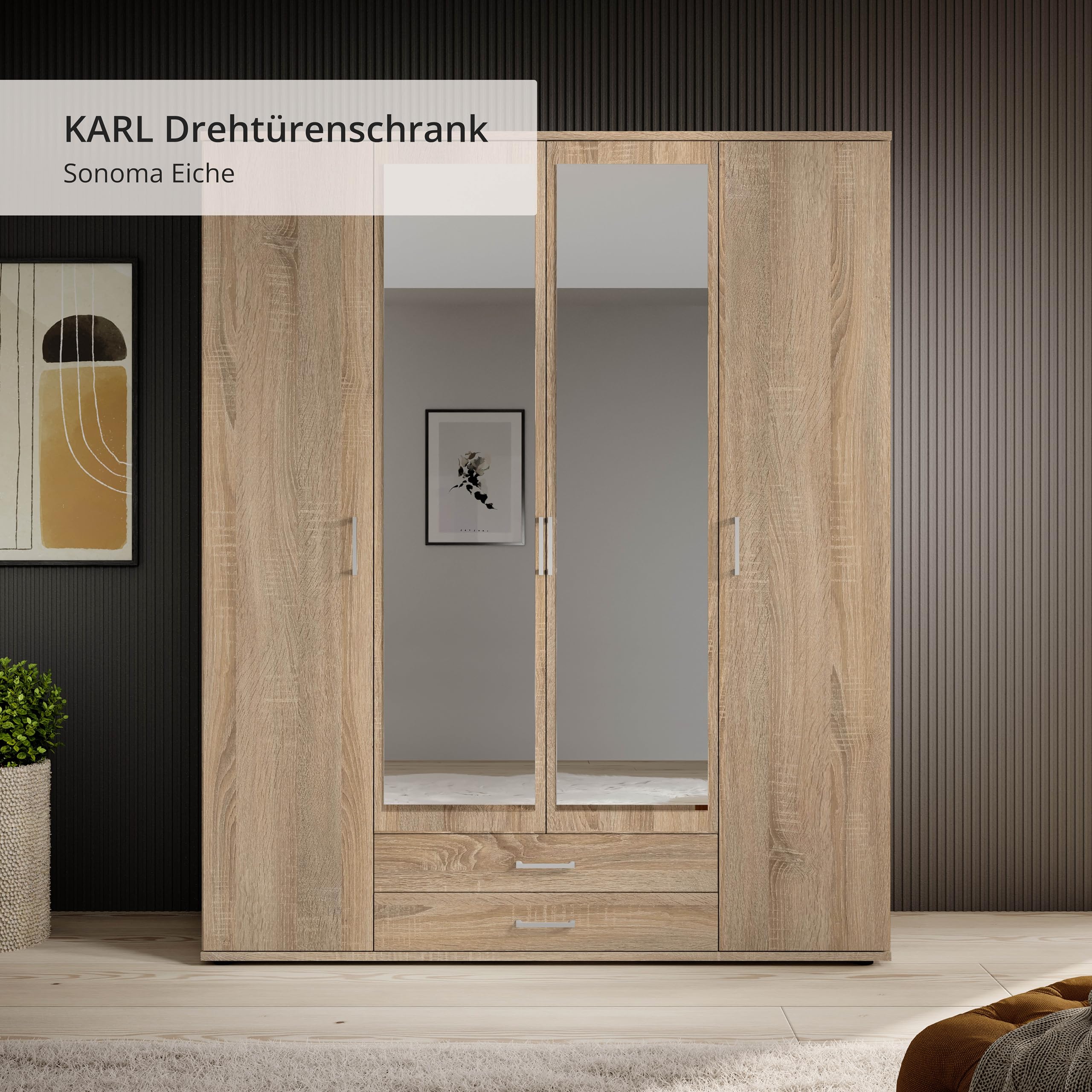 Stella Trading KARL Kleiderschrank 4-türig Schrank mit Spiegel in Sonoma Eiche Optik – Bild 3