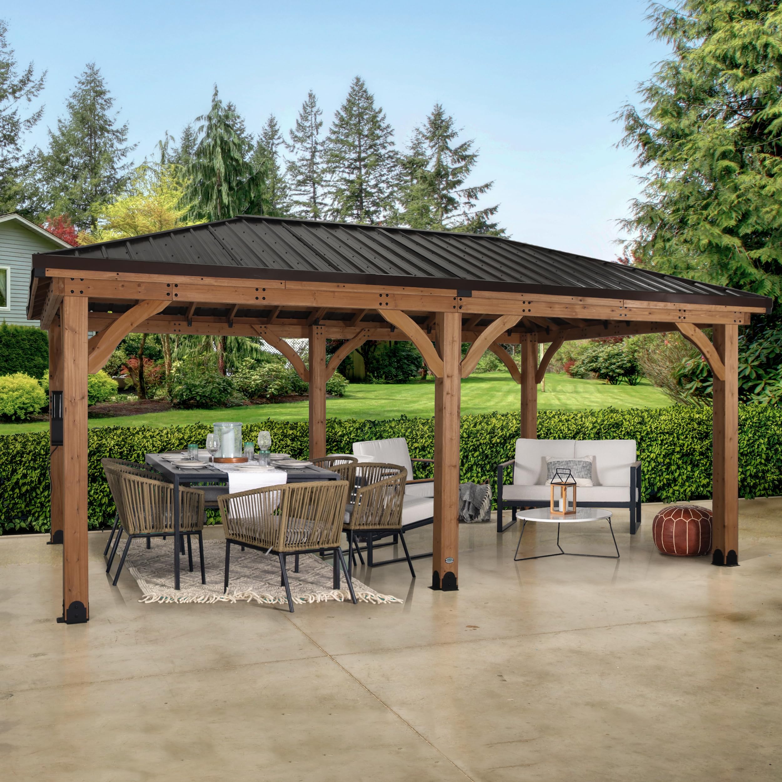 Backyard Discovery Barrington 20' x 12' Cedar Wood Outdoor Gazebo Pavilion with Hardtop Galvanized Steel Hip Roof, Snow Support, Wind Resistance,