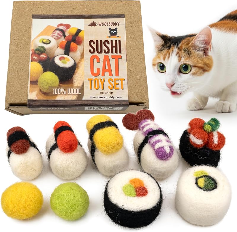 Wool Cat Toys (Small Sushi 9 PCS) for Indoor Cats Catnip-Free | 100% Pure Wool Felt Interactive Cat Toys, Catnip-Free for Bored Cats, Teething Kittens, Redirect Cat's Destructive Energy