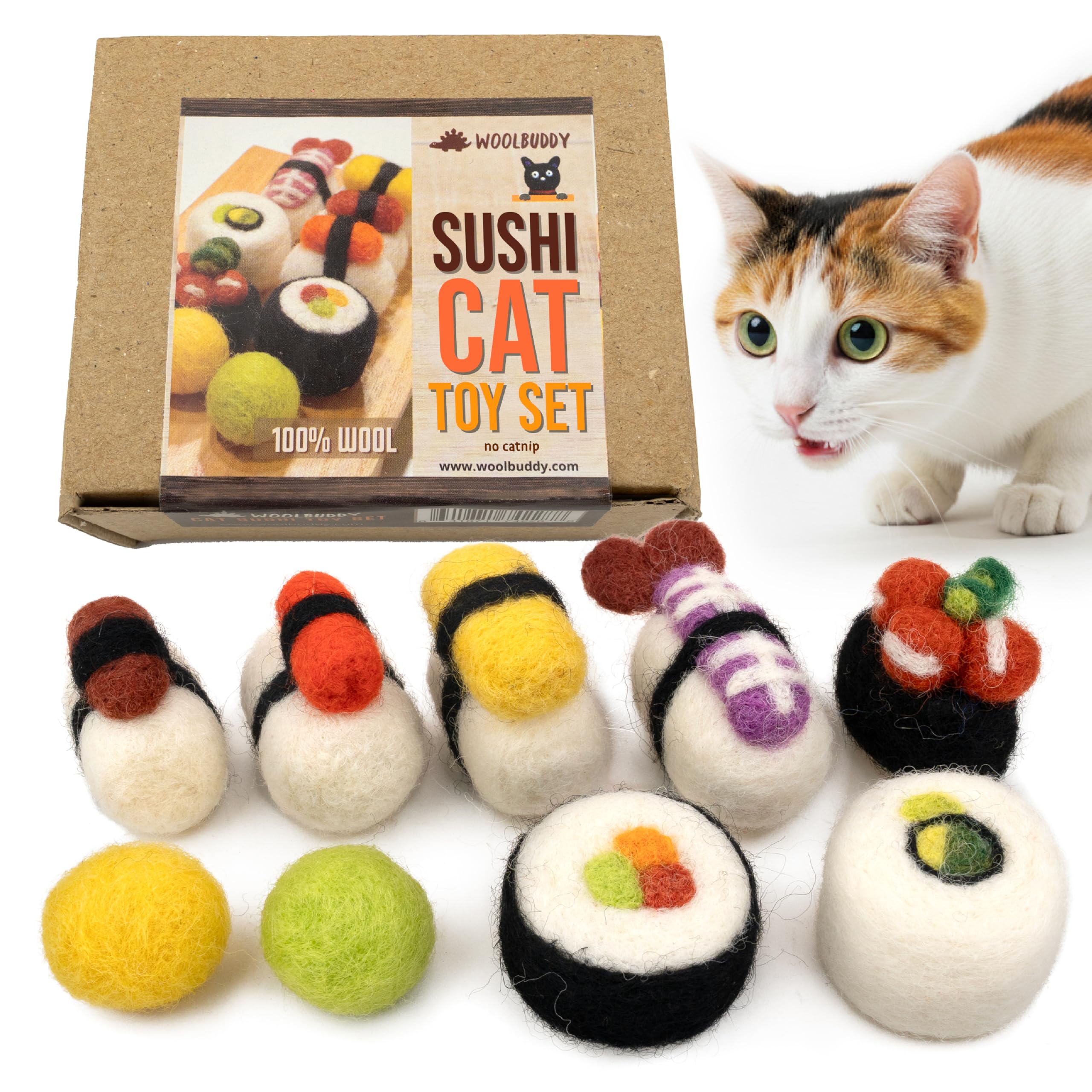 Woolbuddy Sushi Cat Toy Set – Wool Felt Interactive Toys for Indoor Cats & Kittens, Catnip-Free, Durable, Cute Enrichment Toys for Bored Cats, Natural Wool Dental & Hunting Play (Small – 9 Pcs)