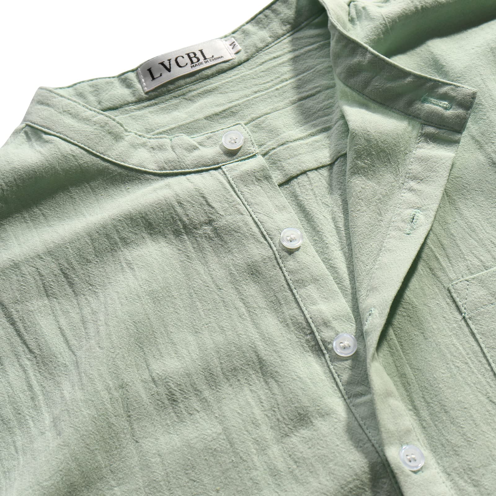LVCBL Camisa de Lino Casual para Hombre Camisa Henley de Manga Larga con Cuello de Banda