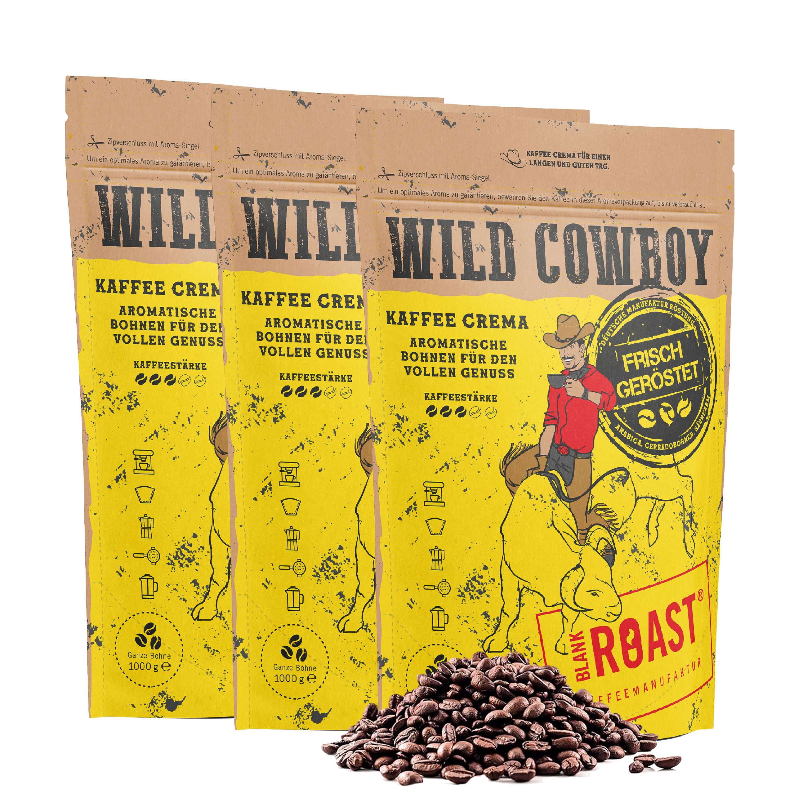 Blank Roast - Wild Cowboy Kaffee - Kaffeebohnen 1kg (3er Pack) - mit Hickoryholz geröstet - Ganze Kaffeebohnen aus Brasilien & Uganda - 100% Arabica-Blend mit schokoladigen Nuancen - säurearm