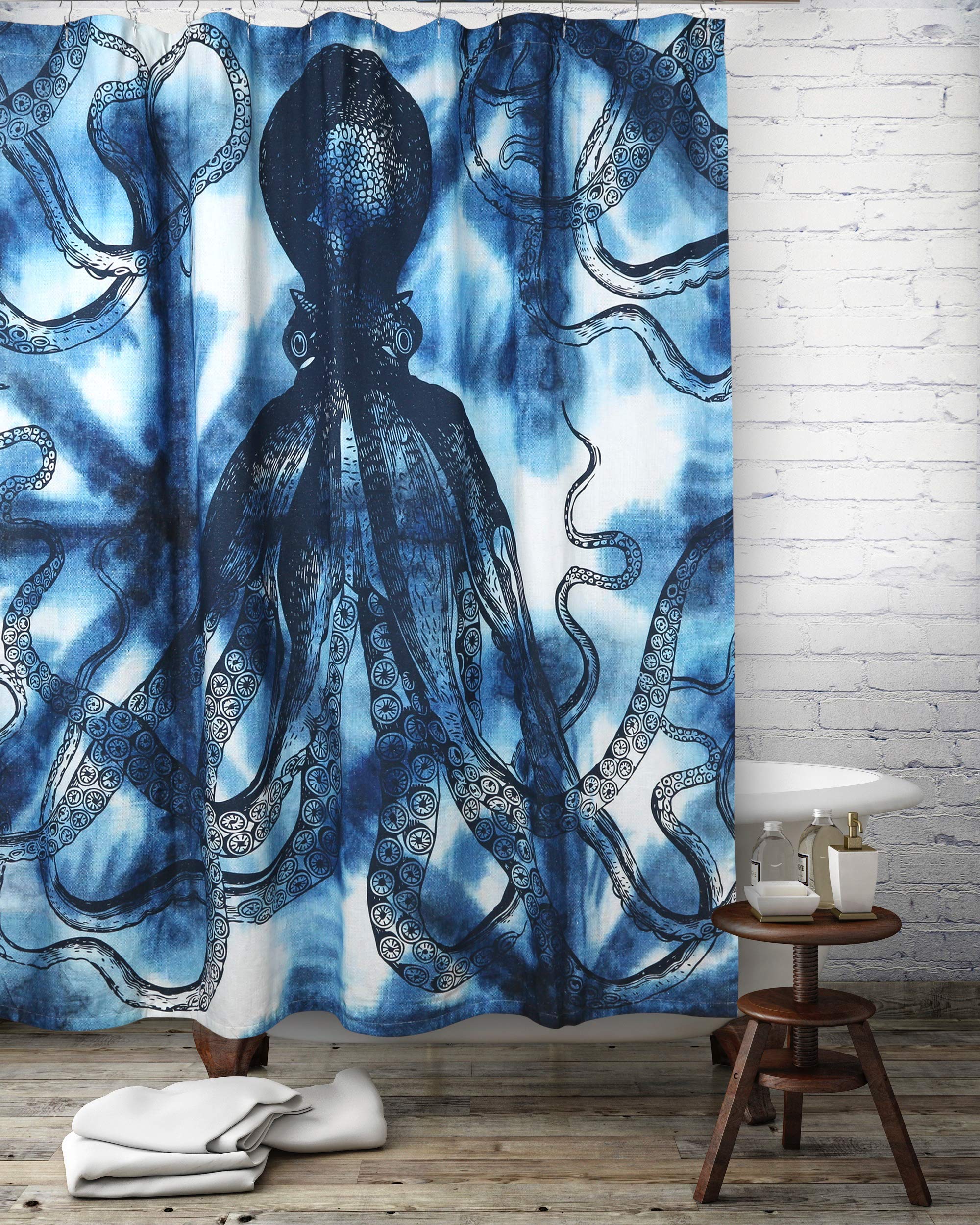 Thomas Paul Octopus Shibori Cortina de Ducha, algodón, índigo, 182,88 x 182,88 cm