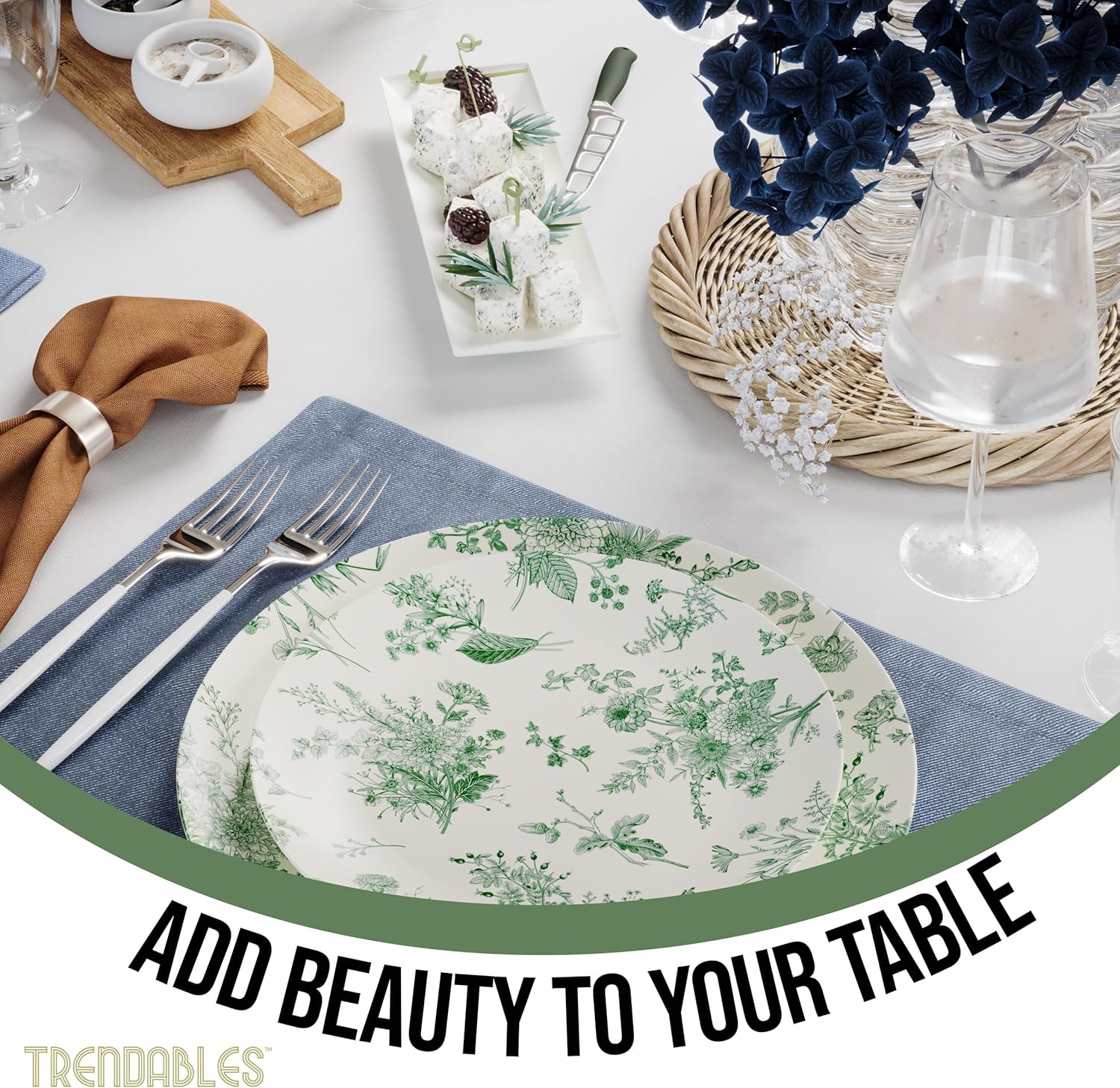 Trendables 40 Piece Plastic Disposable Plates Set For 20 Guests I 20 X 8 Inch Dessert Plates & 20 X 10 Inch Wedding Party Plates | Ivory & Green Verdure Design