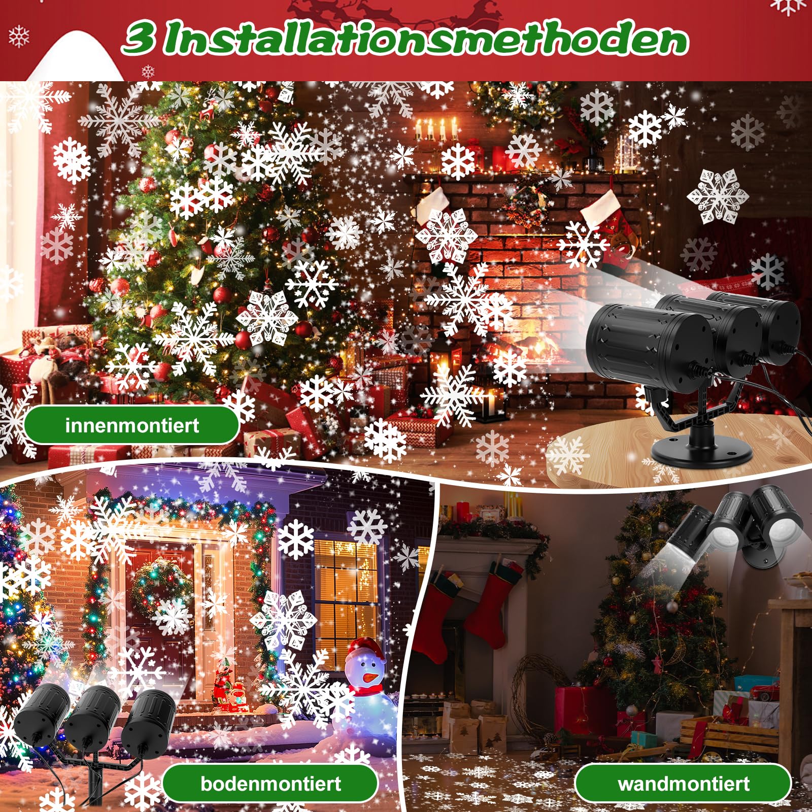 Charmofun Projektor Weihnachts Aussen, 3-Kopf Dynamische LED Schneeflocke Projektor 360°Rotierende mit Timer, Wasserdicht, Weihnachtsbeleuchtung außen für Garten Fenster Wand Party Weihnachtsdeko