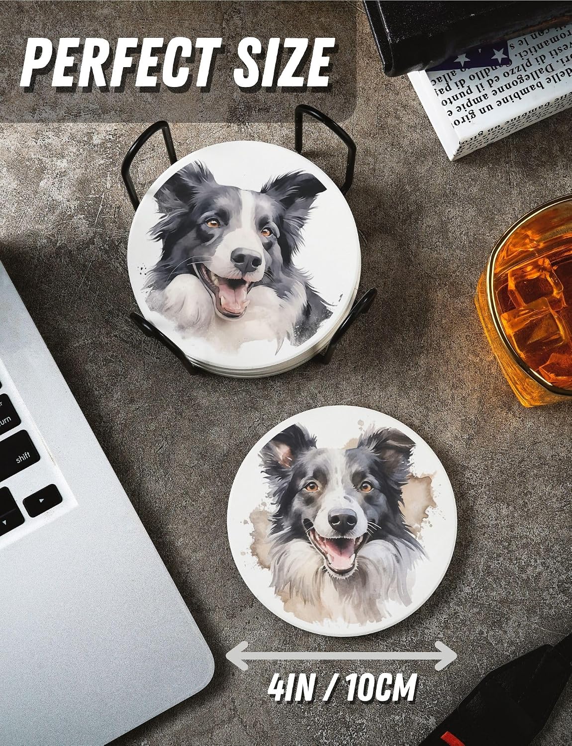 Onebttl Border Collie Gifts Coaster, Ceramic, Set of 6, with Gift Box, Absorbent with Cork Base, Gifts for Border Collie Lovers, Home Decor for Housewarming, Thanksgiving, Birthday, Christmas