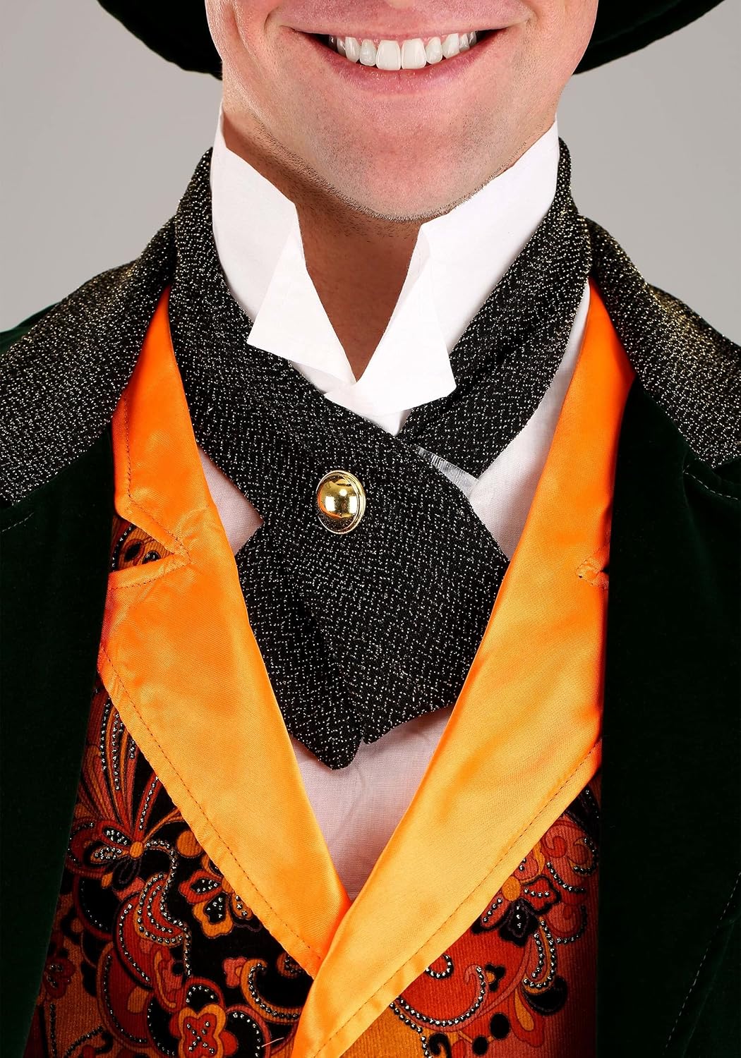 Alice in Wonderland Men's Mad Hatter Costume with Green Velvet Jacket, Pants, Orange Vest, Ascot & Top Hat