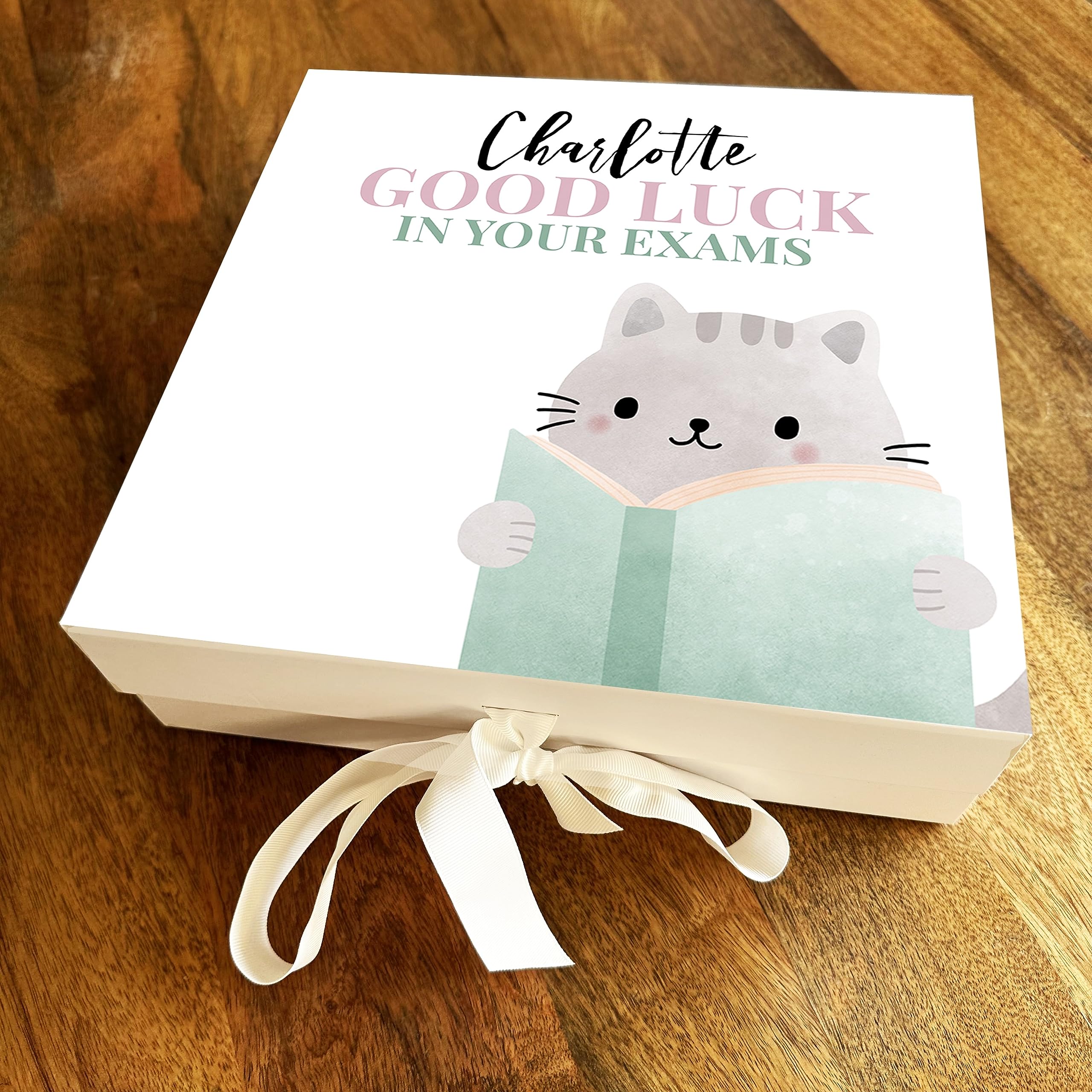 Fingerprint Designs Square Cat Good Luck In Exams School University College Personalised Gift Box - Special Sweets Treat Hamper Personalised Gift Box