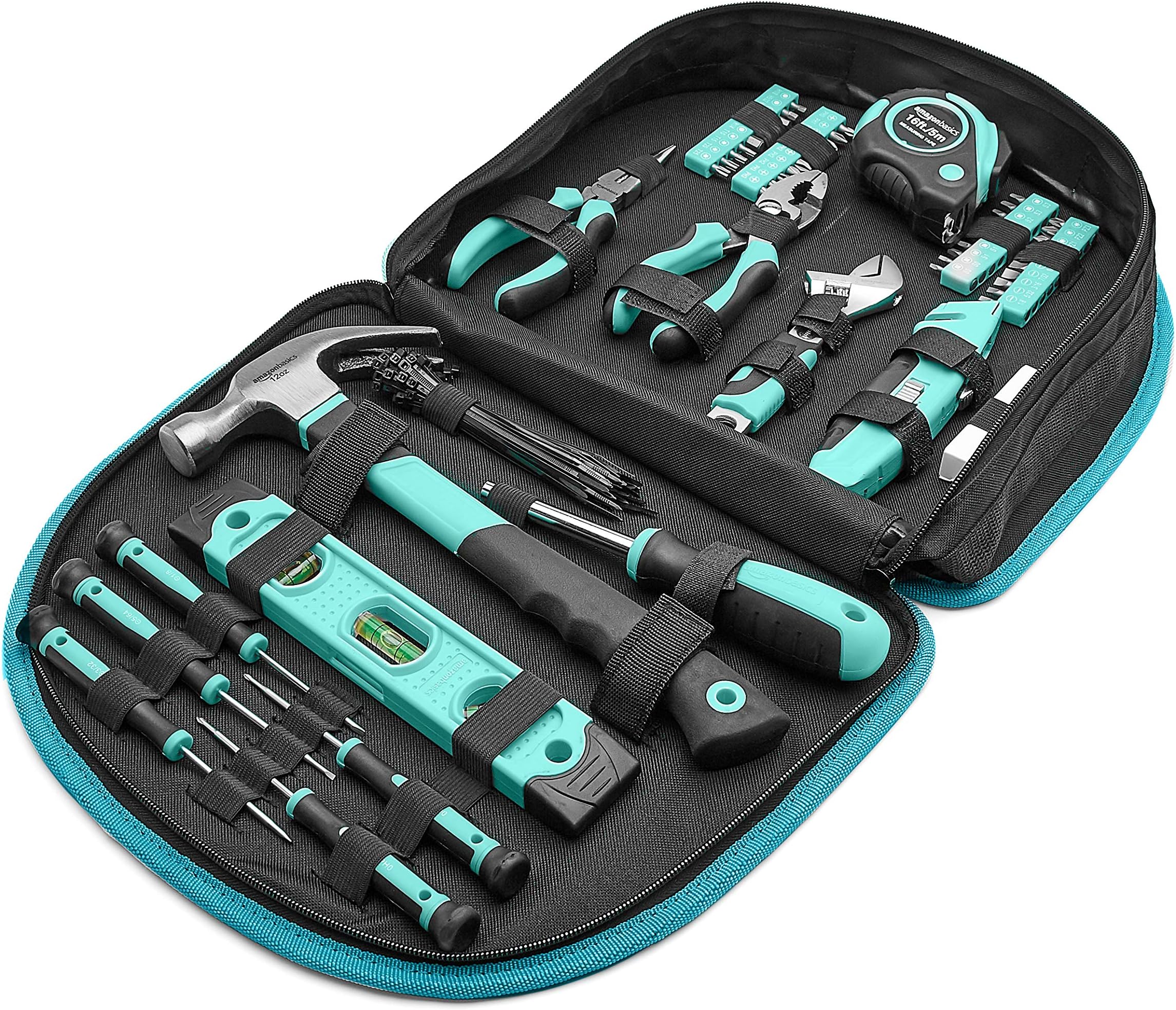 - Amazon Basics 104-Piece Home Repair Household Tool Set with Easy Carrying Round Pouch, Portable Hand Tool Kit, Turquoise, 14.4 x 11.4 x 3 inches