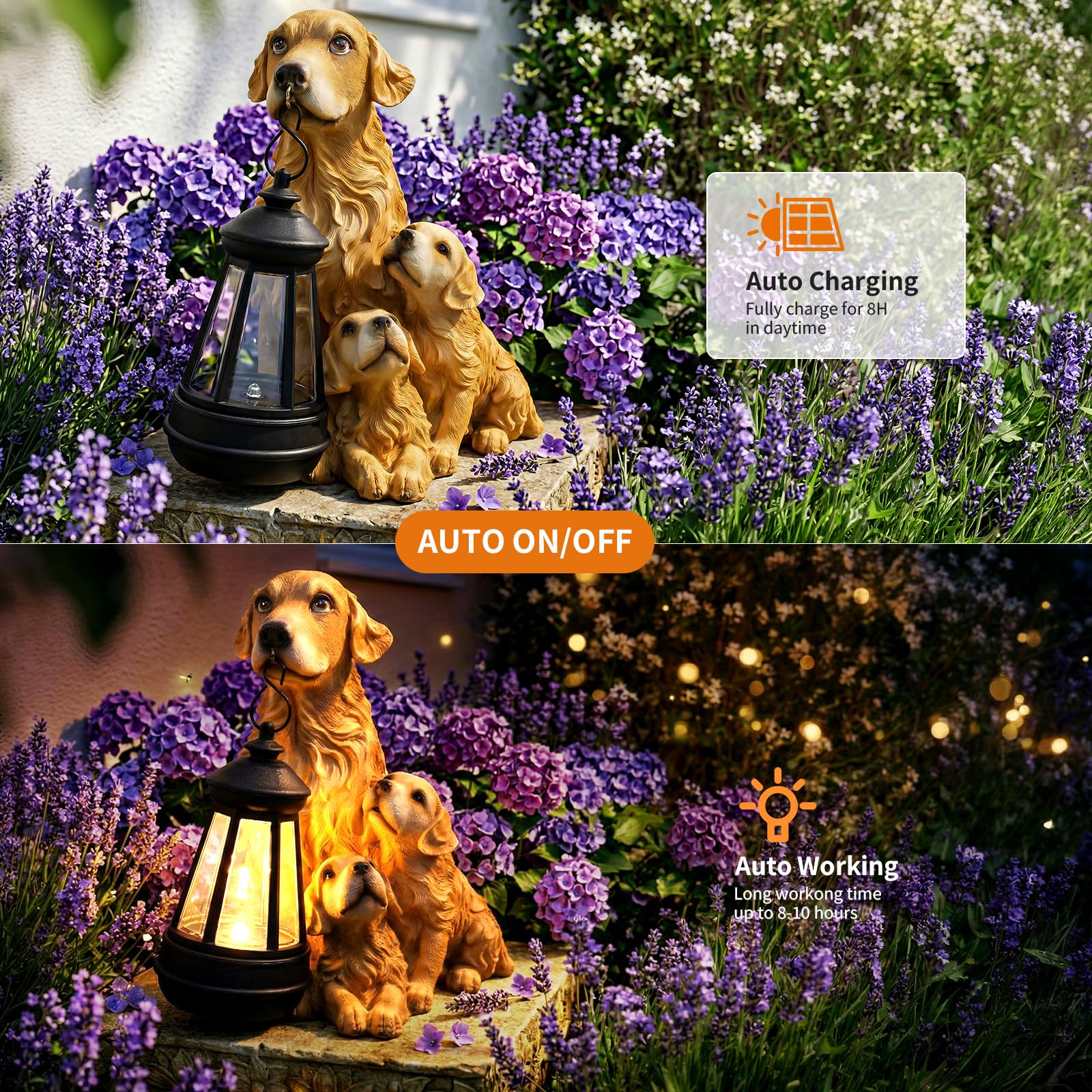 Statue de Jardin Chien Éclairage Solaire Extérieur: Figurine Chien Golden Retriever avec Chiots et Lanterne Solaire, Décoration Imperméable pour Balcon Terrasse, Idée Cadeau Anniversaire Femme Homme
