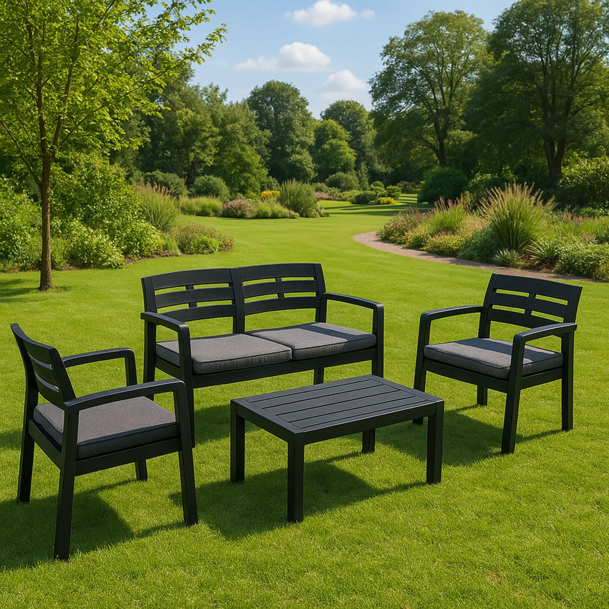 Dmora - Set Salotto da Esterno Massa, Composizione da Giardino con 2 poltrone, 1 Divano ed 1 tavolino, Salottino Indoor e Outdoor con Cuscini, 100% Made in Italy, Antracite