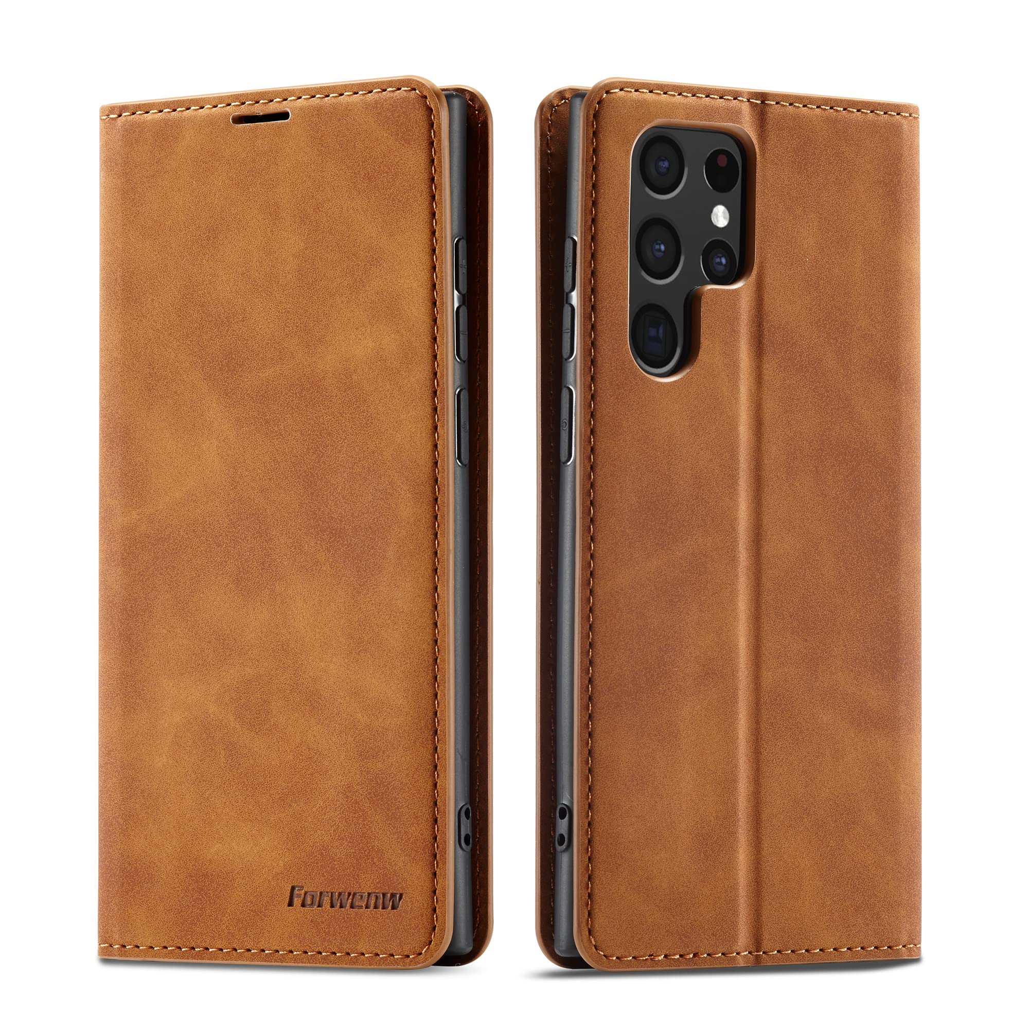 QLTYPRI for Samsung Galaxy S22 Ultra Case, Premium PU Leather Cover TPU Bumper with Card Holder Kickstand Hidden Magnetic Adsorption Shockproof Flip Wallet Case for Samsung Galaxy S22 Ultra - Brown