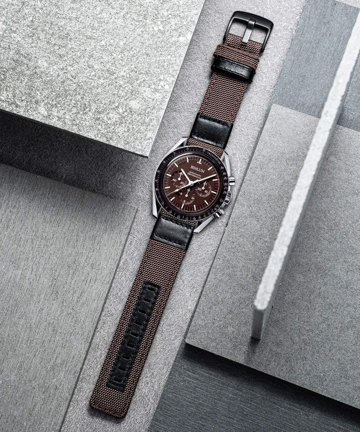 Uhrenarmbänder aus klassischem Canvas-Gewebe mit Hybrid-Armbändern aus echtem Leder. Ersatzarmband, Schwarze Schnalle, 18/20/22 mm