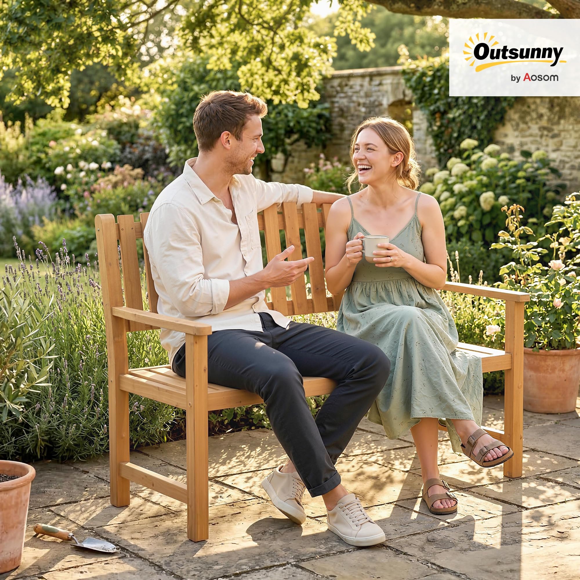 Outsunny Banc de Jardin 2 Places en Bois d'Acacia - Banquette de Terrasse Charge Max. 320kg - Mobilier pour Aménagement Robuste avec Accoudoirs, Design à Lattes Ergonomique, Finition Huilée Naturelle