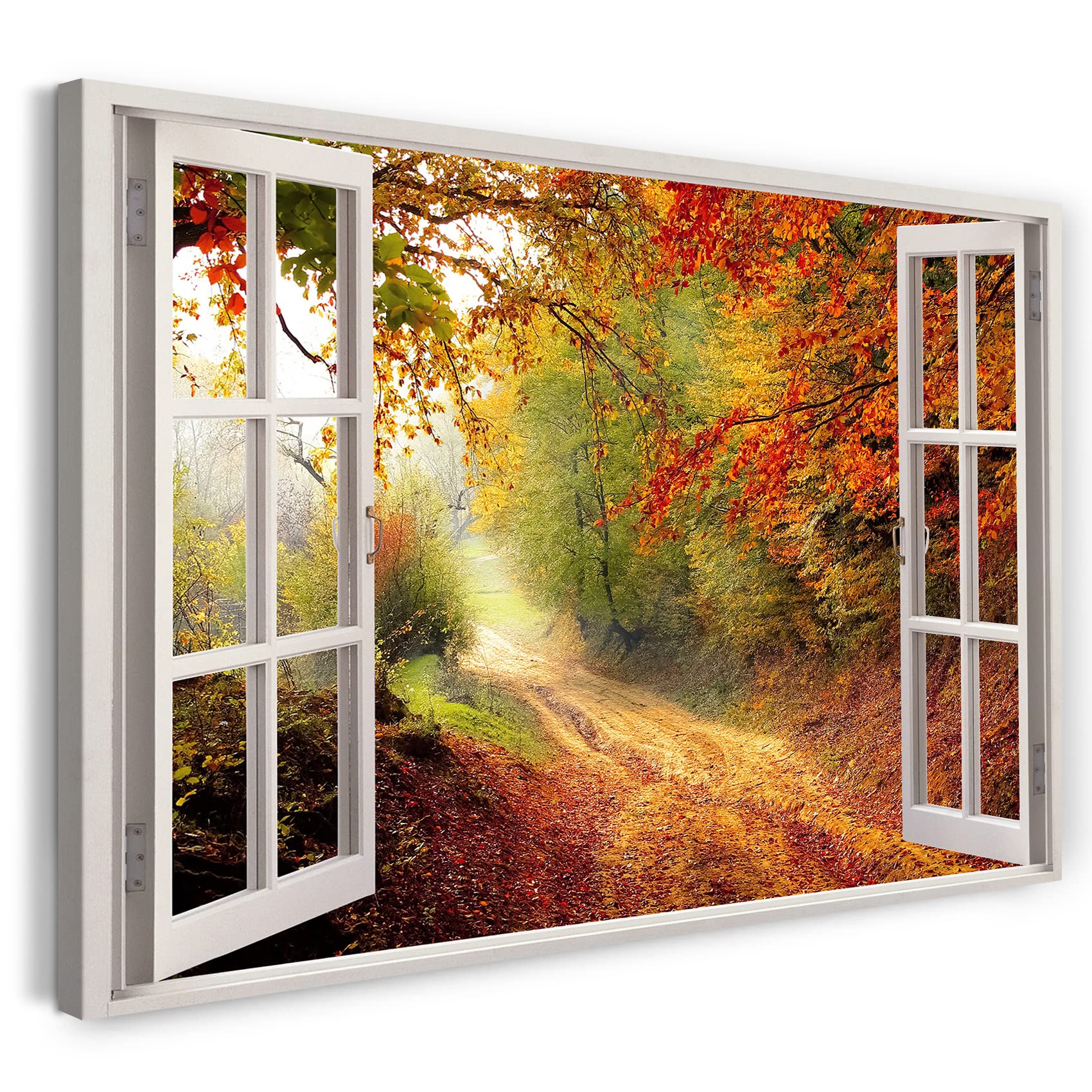 Print on Canvas (120x80 cm) view from the window - path in the forest autumn leaves trees nature - nature photography, real wood frame with hook
