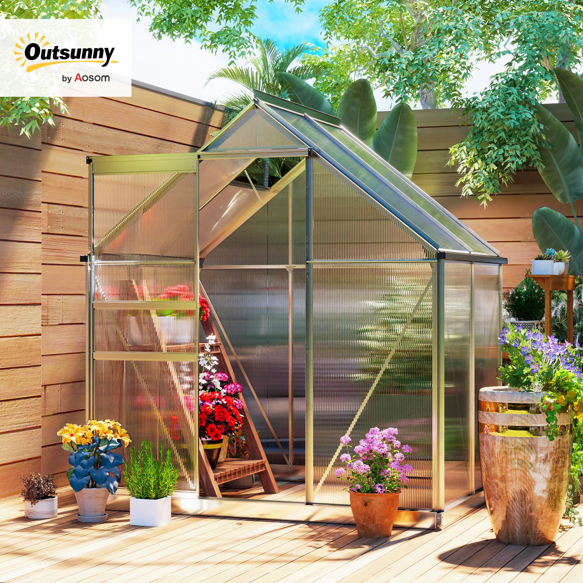 Outsunny Invernadero de jardín de policarbonato con marco de aleación de aluminio 2,5㎡, invernadero para huerto con base, canalones, ventana de techo ajustables, puerta batiente, para plantas, anti UV