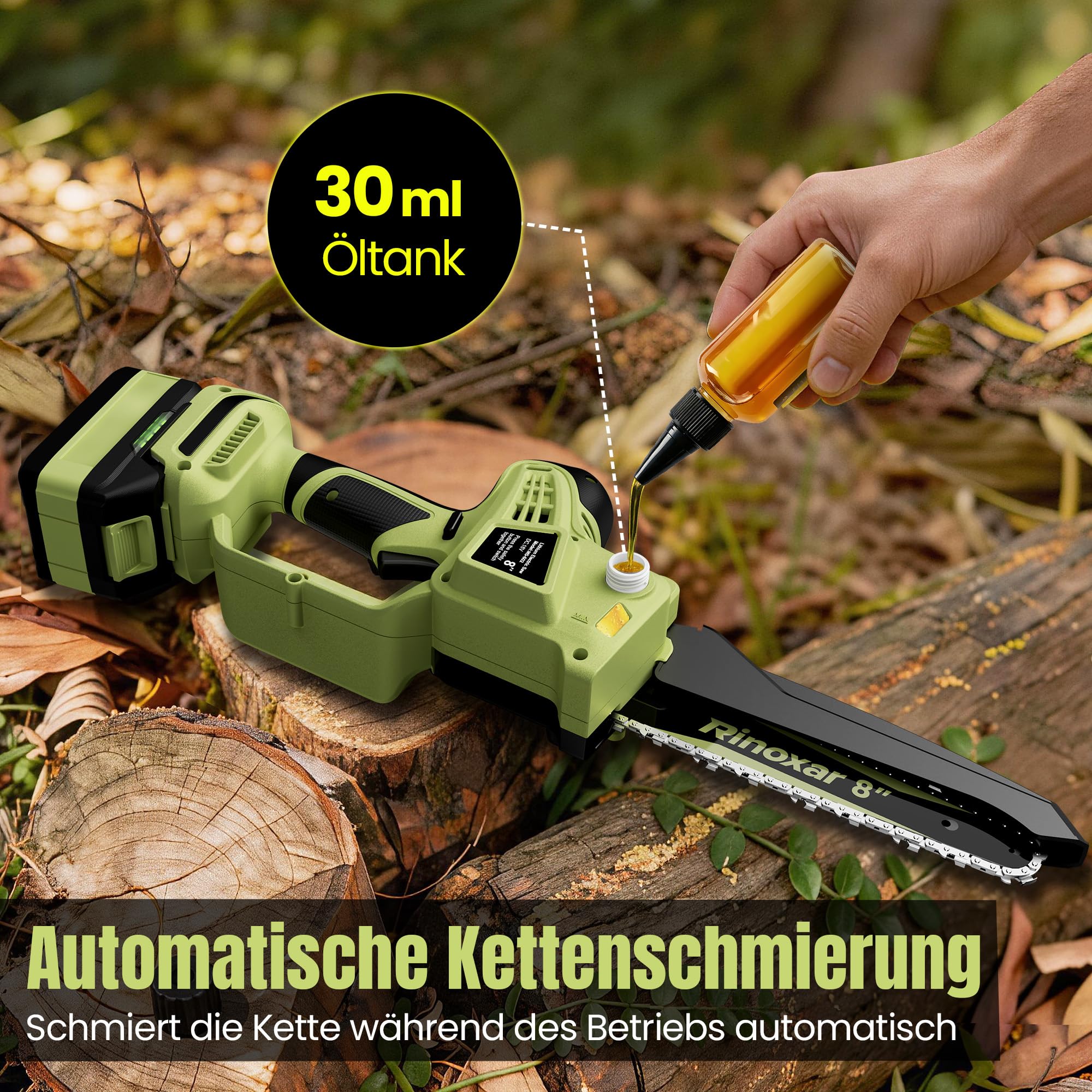 Mini Akku Kettensäge 8 Zoll, Bürstenlos Handkettensäge mit 2 * 5200mAh Akkus, Einhand Astsäge mit Automatischer Öler, Ersatzkette, Werkzeuglose Kettenspannung, Elektrisch Säge für Gartenarbeit
