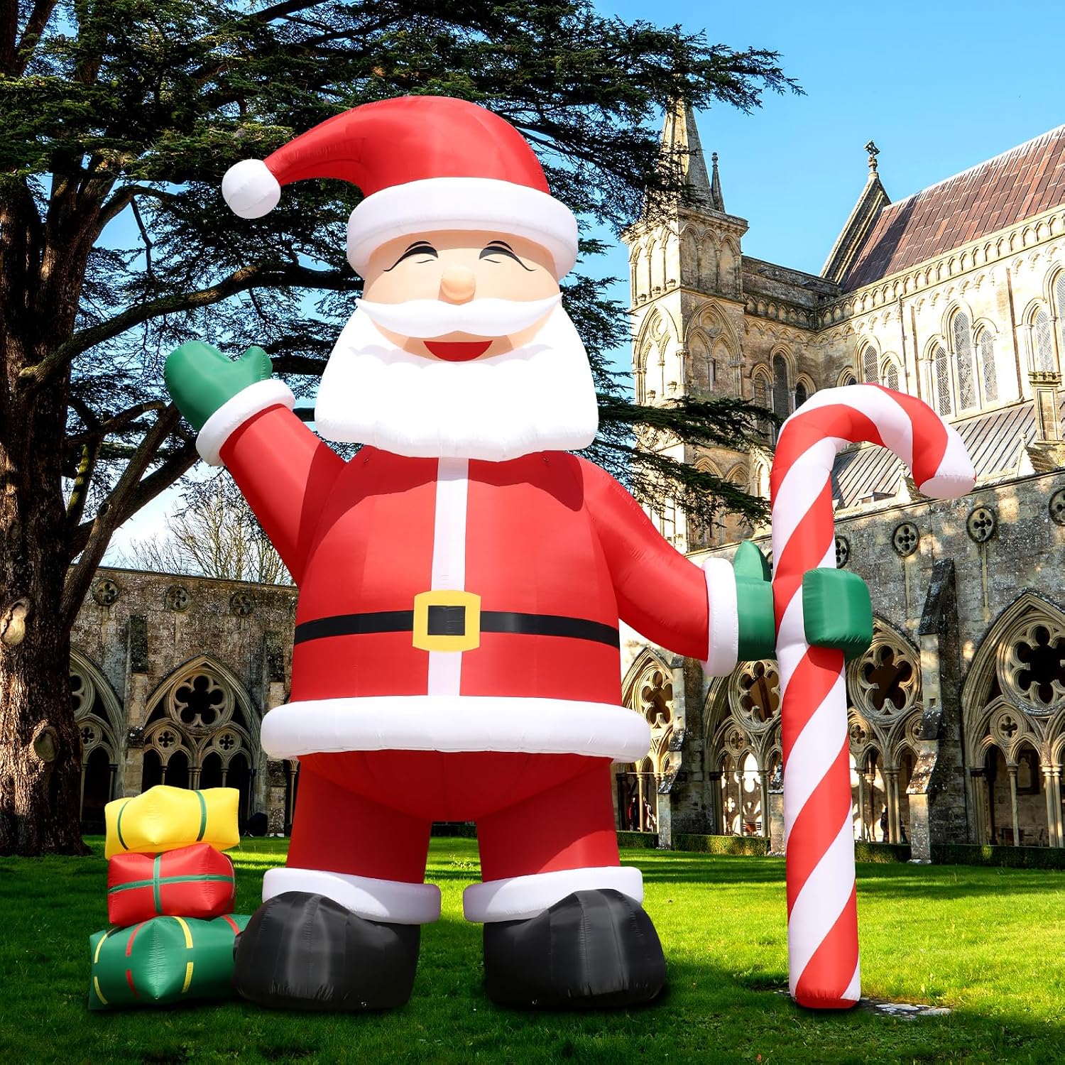 33FT Giant Inflatable Santa Outdoor Decoration(LED-Light)(680W UL Blower),Huge Christmas Blow up Santa Claus Durable 210D Oxford Cloth with Cindy Cane & Gift Boxes for Yard Party Christmas Decor
