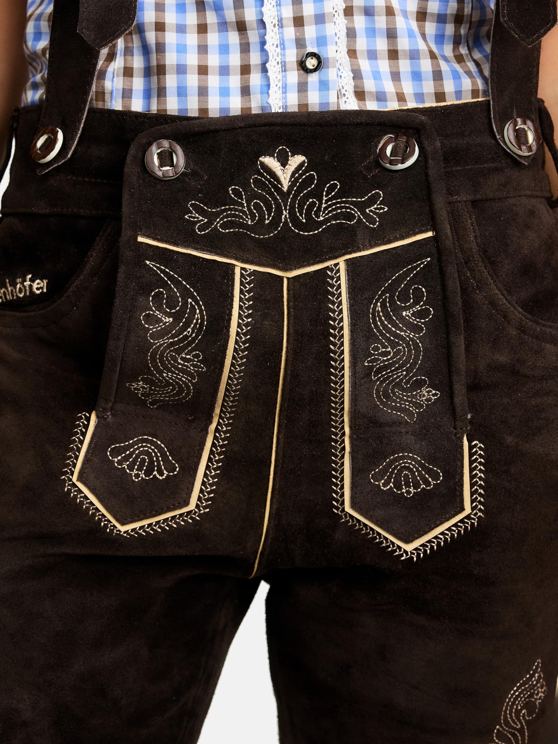 Steigenhöfer Lederhose Damen Tracht Shorts - 100% Rindsleder - Annika - Traditionelle Kurze Hose für Frauen - Inklusive verstellbaren Trägern - Gürtelschlaufe - Dirndl Alternative