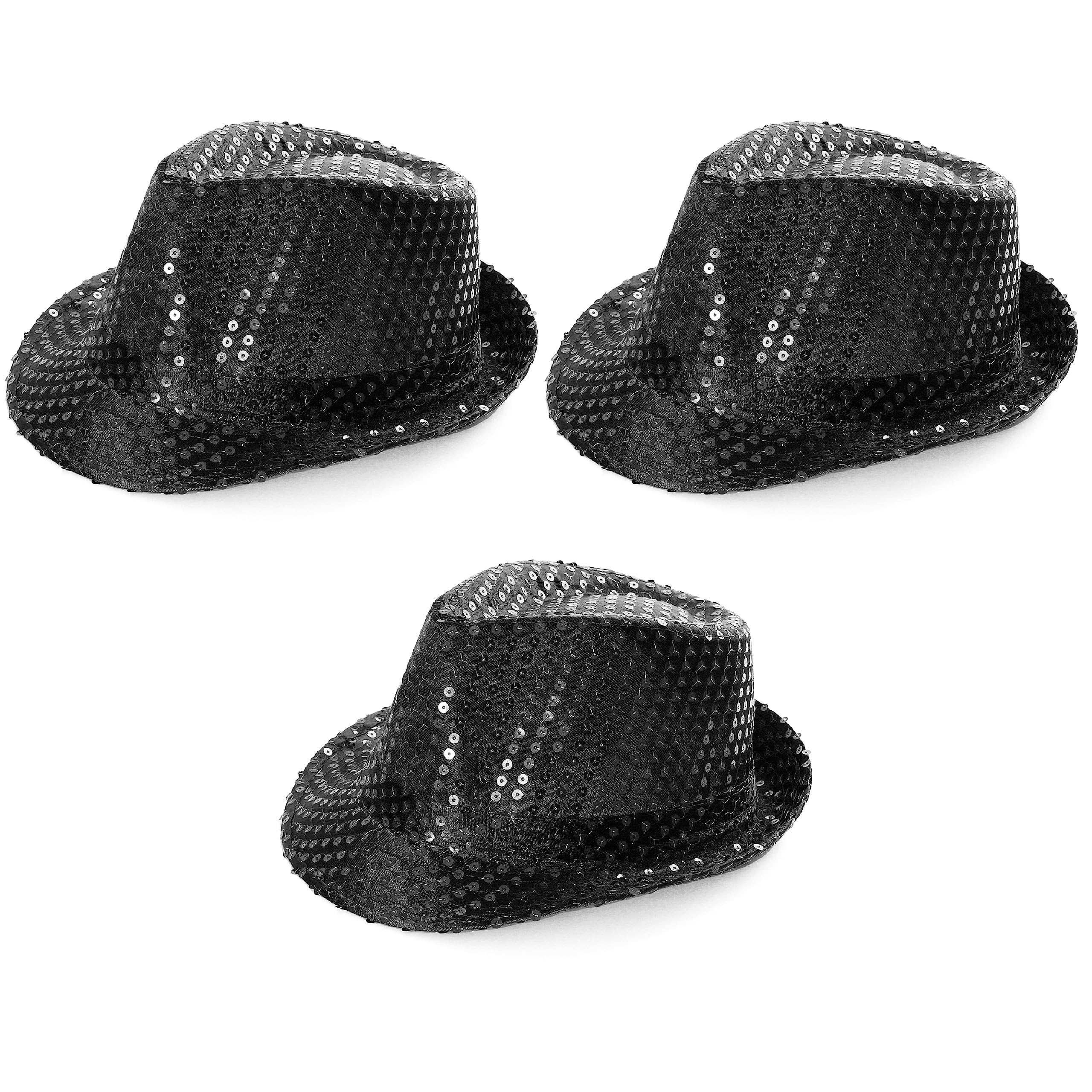 Black Trilby Hat - Black Sequin Fedora Hat 1920's Gangster Fancy Dress Unisex Accessory - Perfect for Sporting Events, Dance Shows, Parties and Fancy Dress Events - Pack Of 48