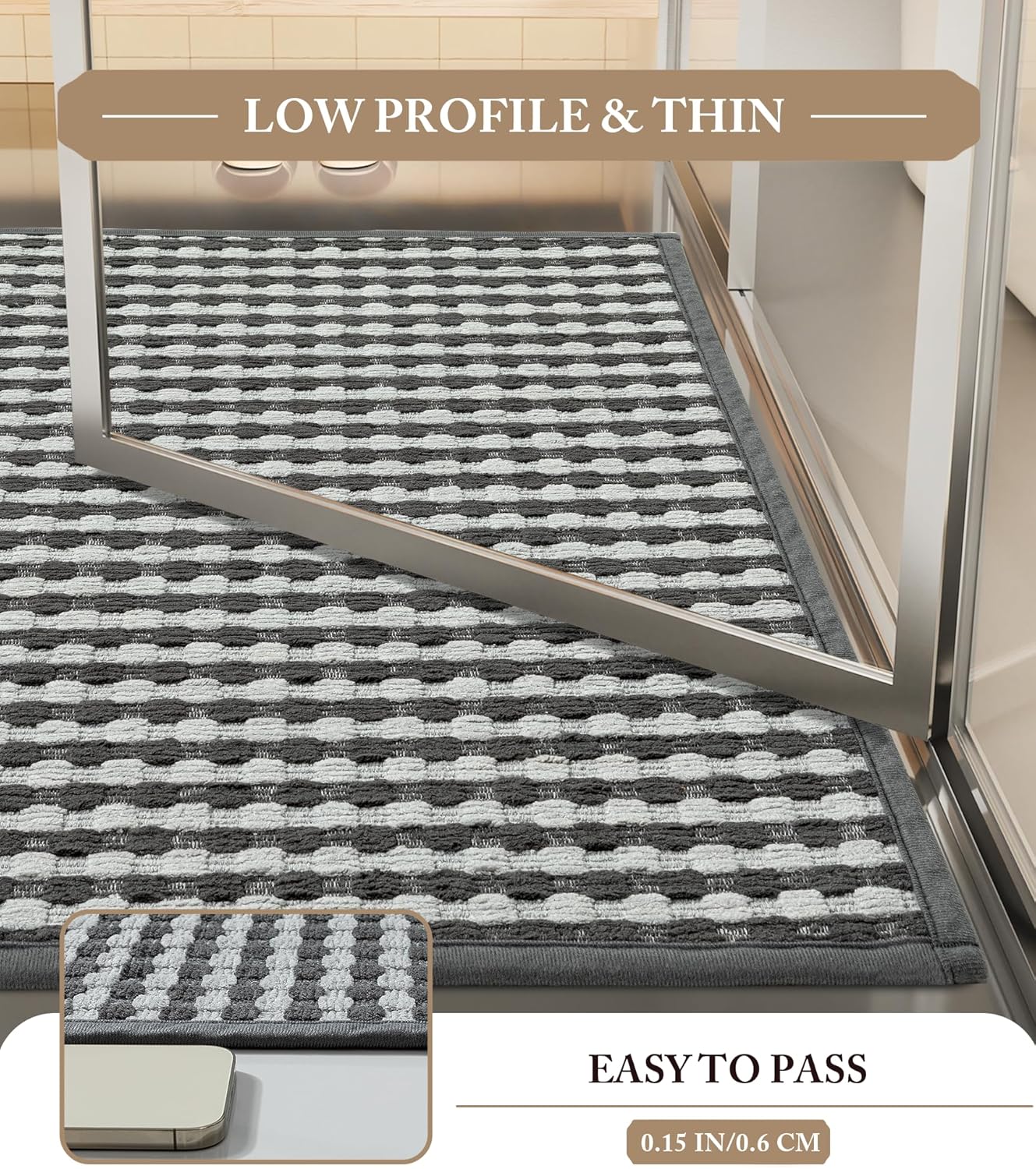 YIHOUSE Grey Bathroom Rugs Set 2 Pieces, Gray Checkered Absorbent Bath Mat Sets Quick Dry, Woven Soft Bath Rugs Non Slip, Thin Washable Rugs for Bathroom(17"x24"+17"x32") - Image 4