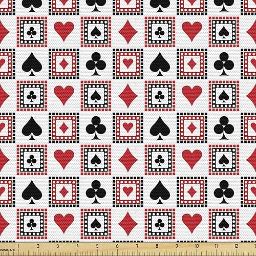 Ambesonne Tela de casino por The Yard, Playings Cards Clubs Hearts simétrica geométrica repetitiva ornamental, tela decorativa para tapicería y