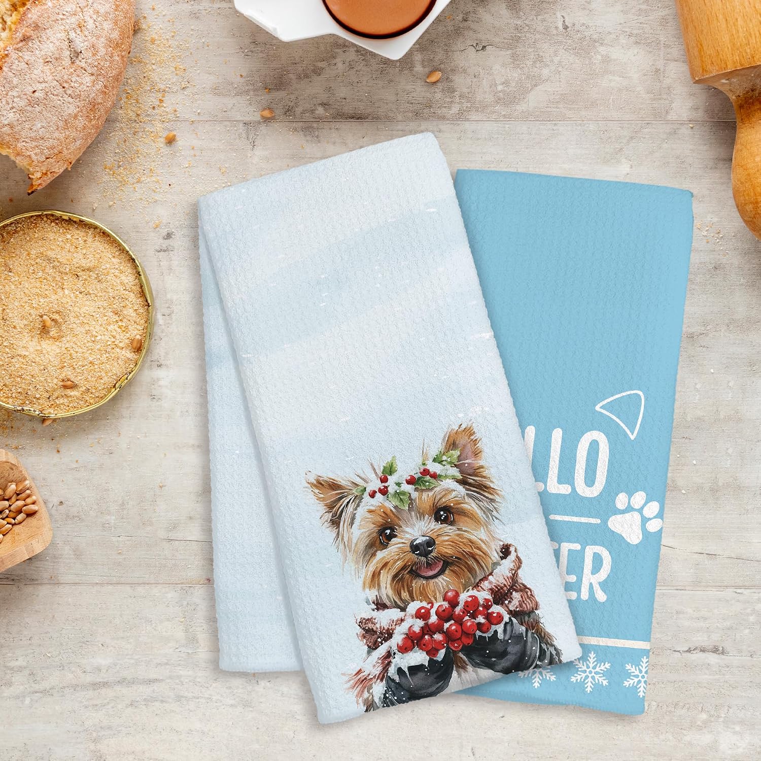 Blue Christmas Yorkie Kitchen Towels, Yorkshire Terrier Gifts, Hello Winter Cute Xmas Yorkie Decorative Dish Hand Tea Towels for Bathroom Kitchen, 16x24 Inch Set of 2 image 5