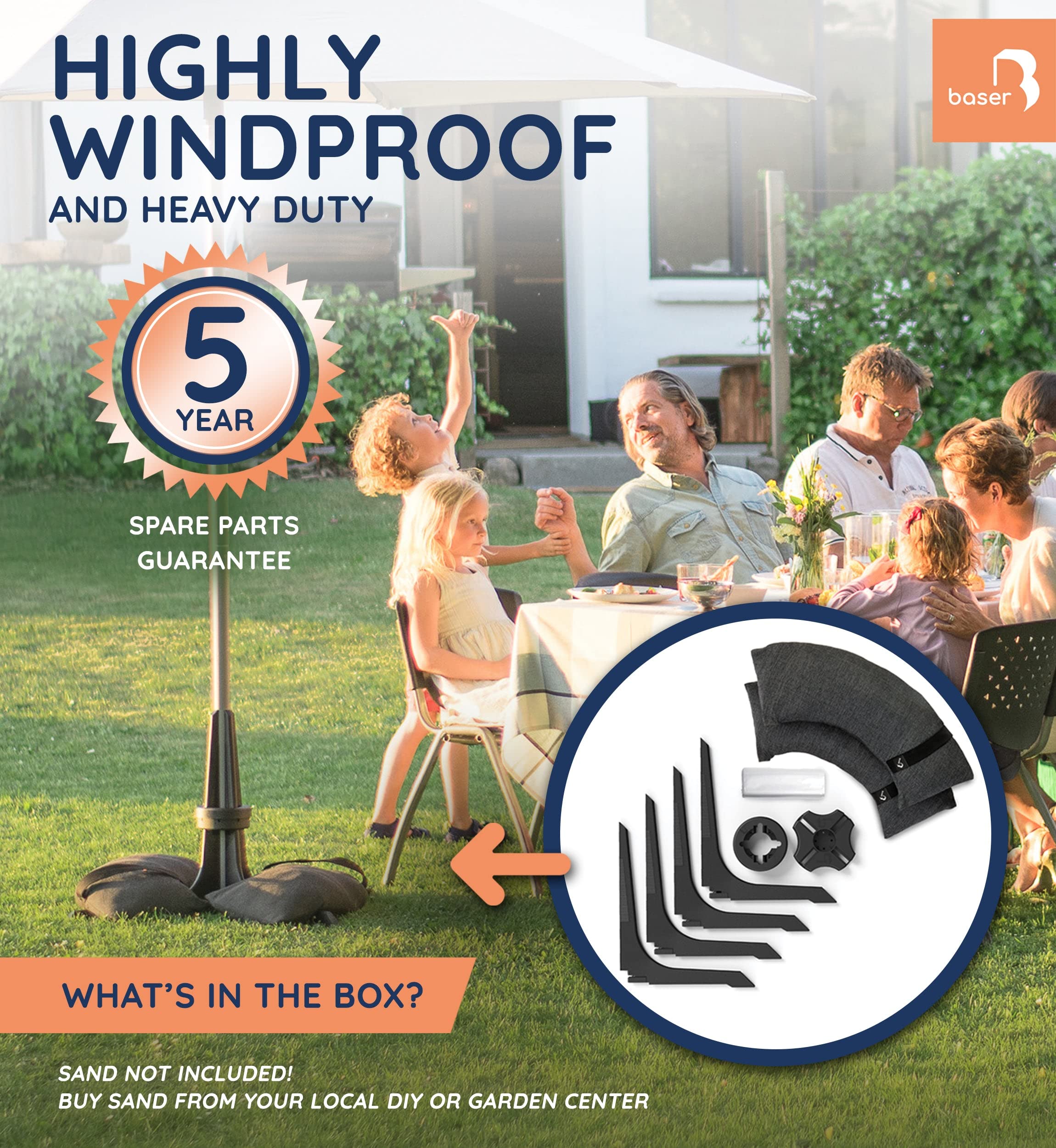 BASER Podstawa Parasola z Workami z Piaskiem 50kg, Stabilny Stojak na Parasol Ogrodowy do 3,3m, Obciążniki i Uchwyt 25-48mm, Czarny