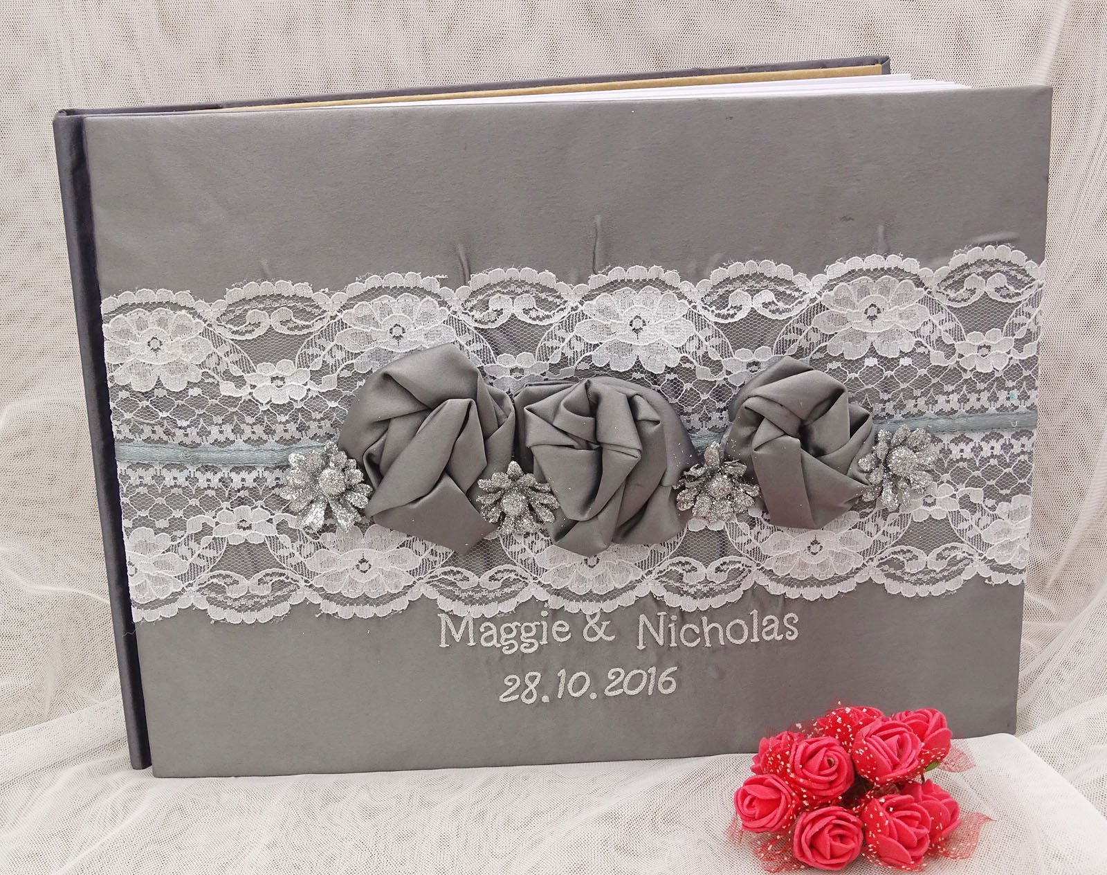 Wedding guest book and pen set red roses, red and black satin and lace