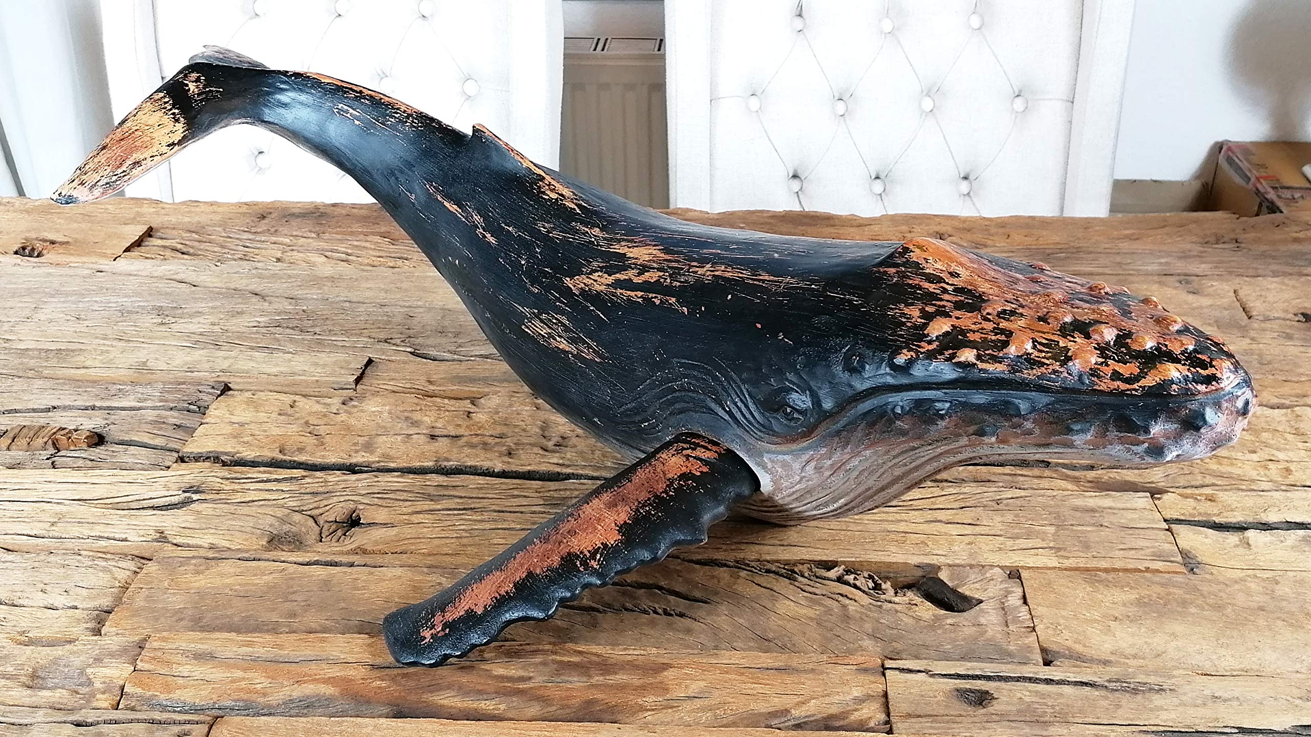 MichaelNoll Wal Walfisch Fisch Dekofigur Skulptur Statue Polyresin Modern - Maritime Deko für Wohnung in Holz-Optik - Dekoration für Wohnzimmer, Schlafzimmer oder Badezimmer - XXL 87,5x52x22,9 cm