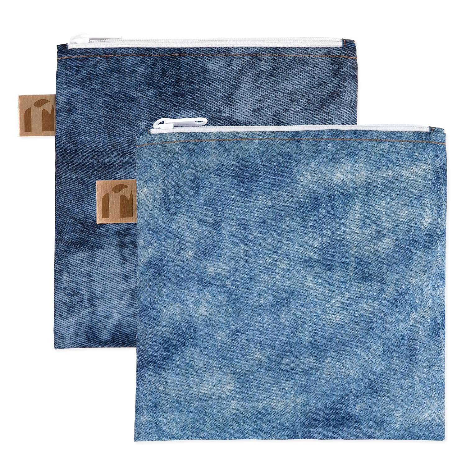 Bumkins Roamio Reusable Sandwich and Snack Bags, for Kids School Lunch and for Adults Portion, Washable Fabric, Waterproof Cloth Zip Travel Pouch, Food-Safe Storage, Large 2-pk Faux Denim