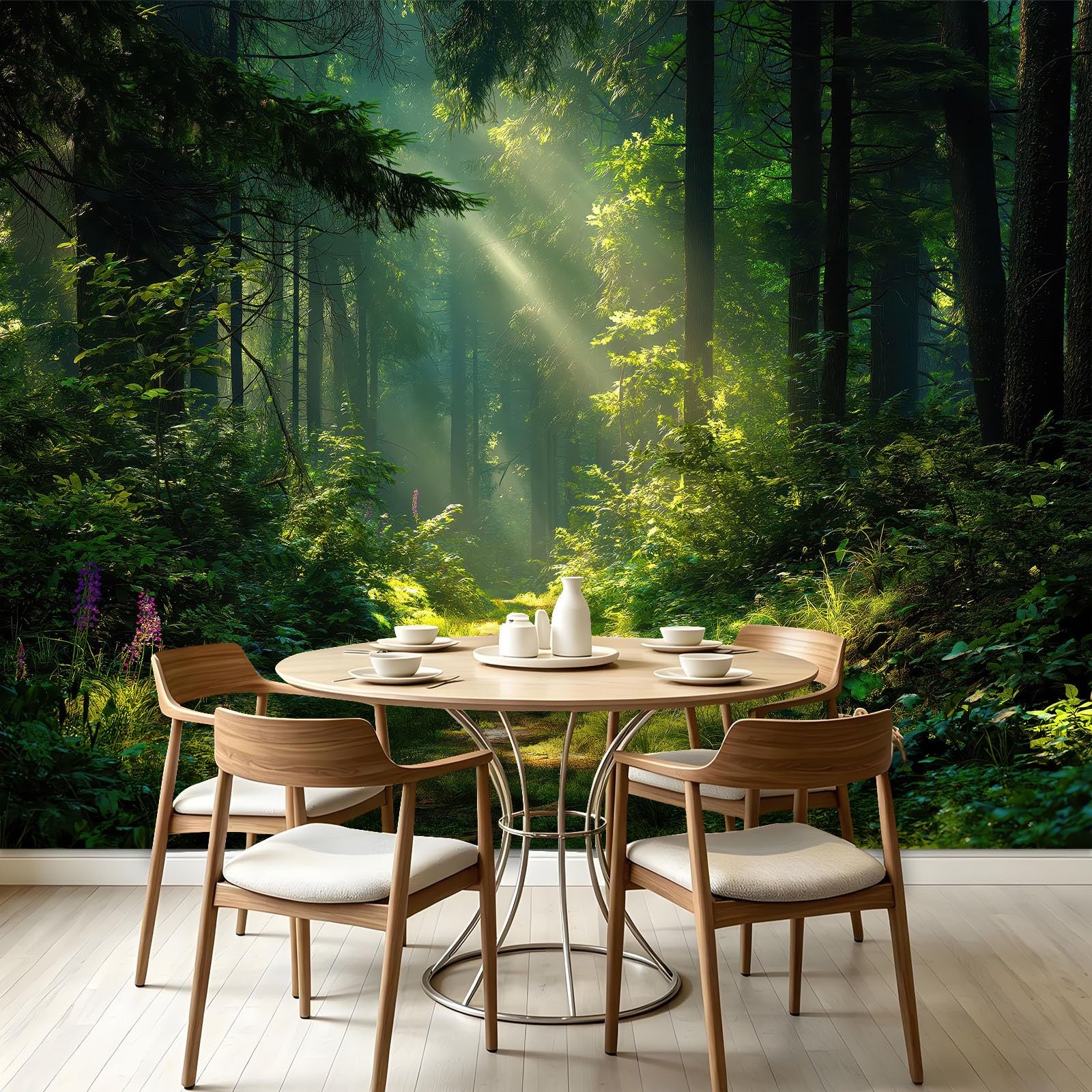 Générique Tapeta z włókniny z naturalnego krajobrazu 350 x 256 cm, tapeta z motywem porannego lasu, łatwa do zainstalowania dekoracja ścienna do salonu, sypialni, kuchni