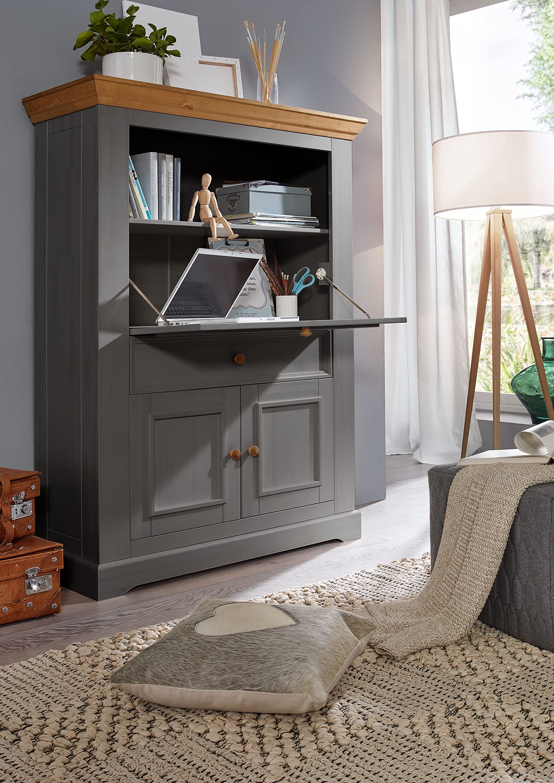 Woodroom Sekretär Oslo in Kiefer massiv grau (BxHxT 108x152x42 cm), Büroschrank