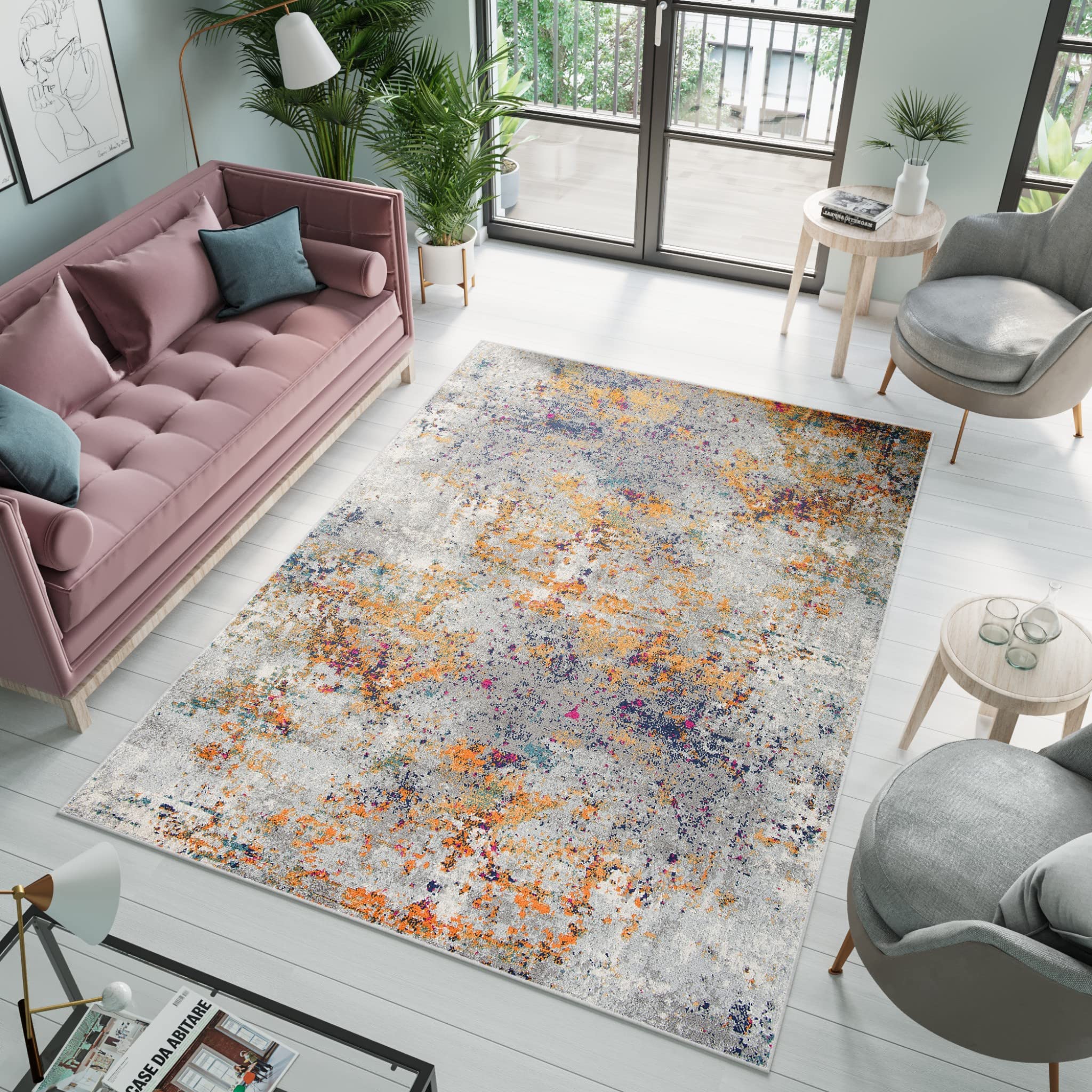 TAPISO Denver Teppich Kurzflor Orange Grau Blau Abstrakt Meliert Verwischt Schlafzimmer Wohnzimmer Büro Modern Design ÖKOTEX 120 x 170 cm