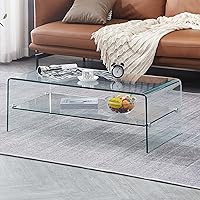 Modern Tempered Glass Coffee Table with Shelf - Clear 39x20x14 Inches for Living Room & Outdoor