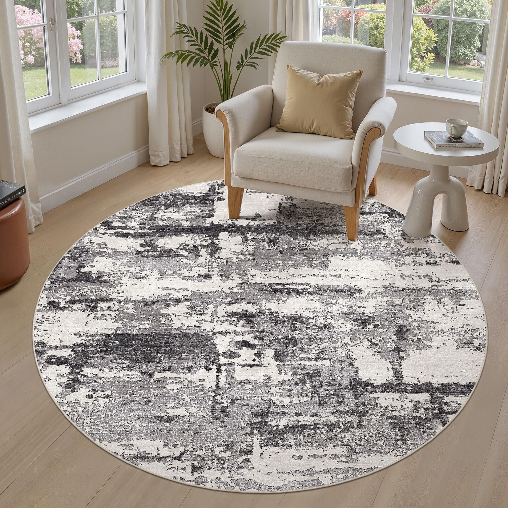 6ft Round Area Rugs for Living Room: 6x6 Abstract Washable Rug Modern Large Soft Stain Resistant Non-Slip Backing Machine Table for Bedroom Dining Room Indoor Home Office Carpet - Black Grey