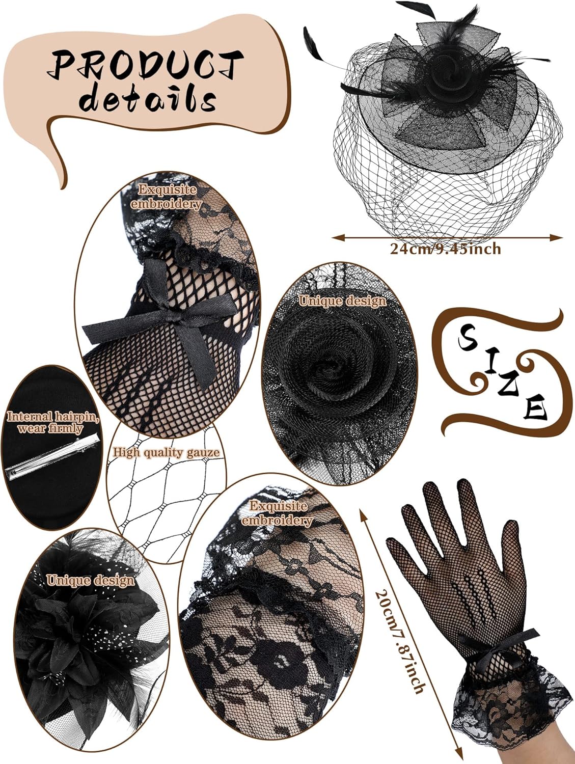 JenPen 4 Pcs Tea Party Hat for Women Black Funeral Veils Headband Fascinators Gloves 20s 50s Costume Accessories for Wedding - Image 3