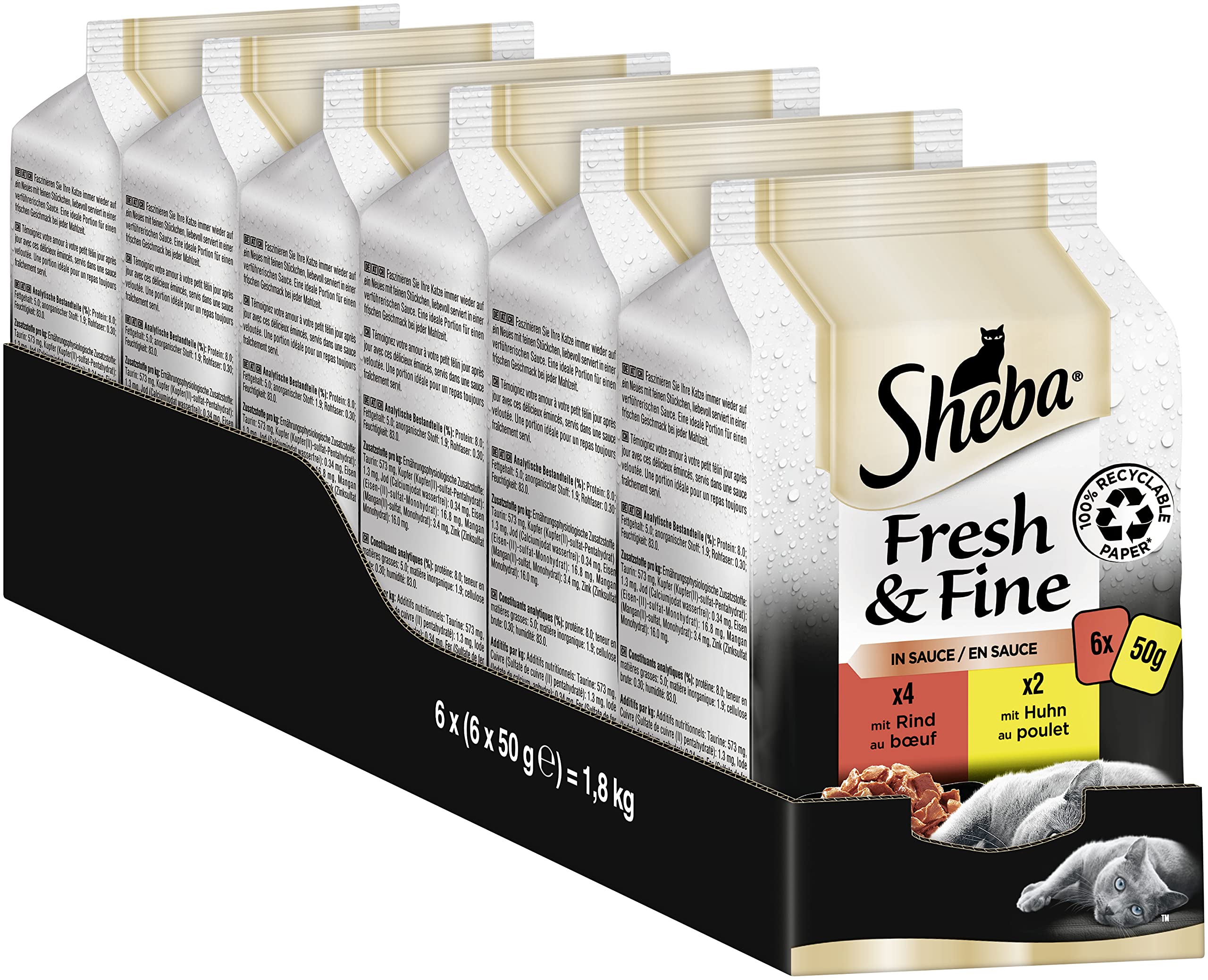 Sheba Fresh & Fine in Sauce - Comida húmeda para Gatos, Carne de Res y Pollo, para la Variedad Diaria en Bolsa Extra pequeña, 36 x 50 g