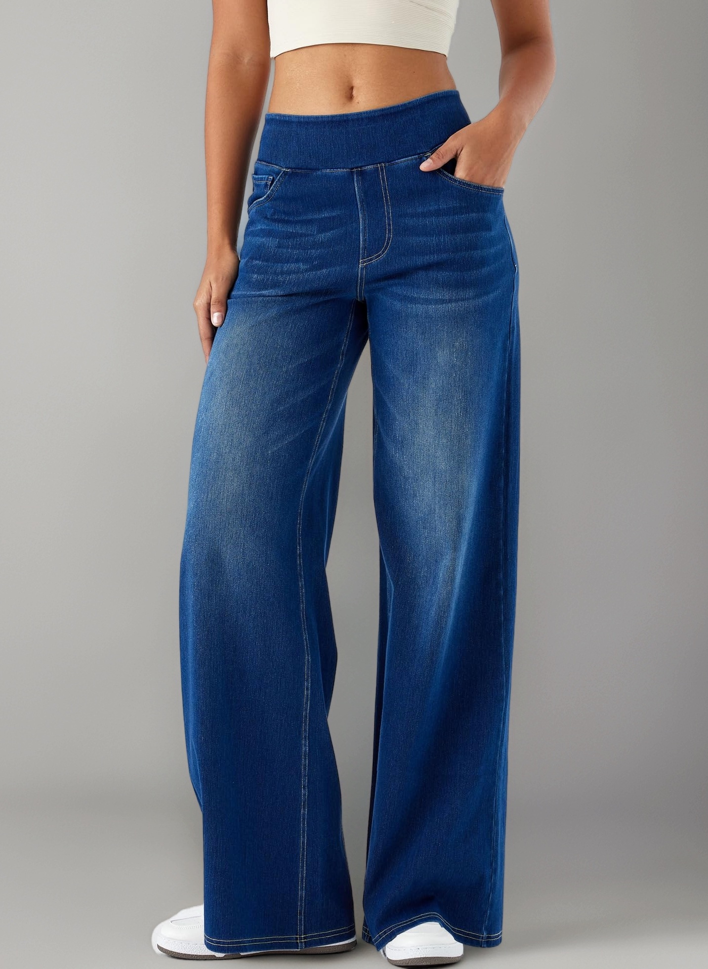 Large Denim Wide Leg Pants for Women, High Waisted and Slimming with Multiple Pockets, Straight Tube, Loose fit, Cat Whisker, Marbling wash Craft, High Elasticity Casual Jeans