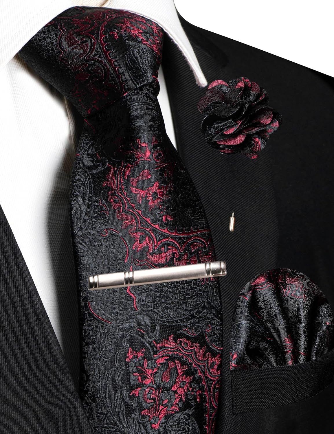 RBOCOTT Mens Floral Paisley Tie Woven Necktie Pocket Square and Lapel Pin with Tie Clip Set for Business Wedding 4PCS