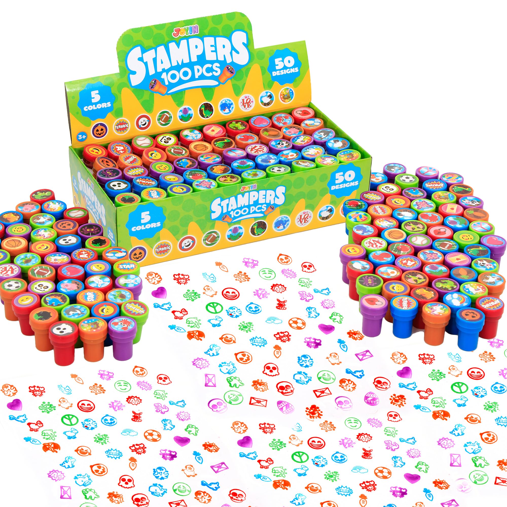 JOYIN 100 Pcs Self-Ink Washable Stamps for Kids, Stamp Markers for Kids Party Favors, School Teacher Stamps, Prizes for Classroom, Kid's Birthday Gift(50 Different Designs)