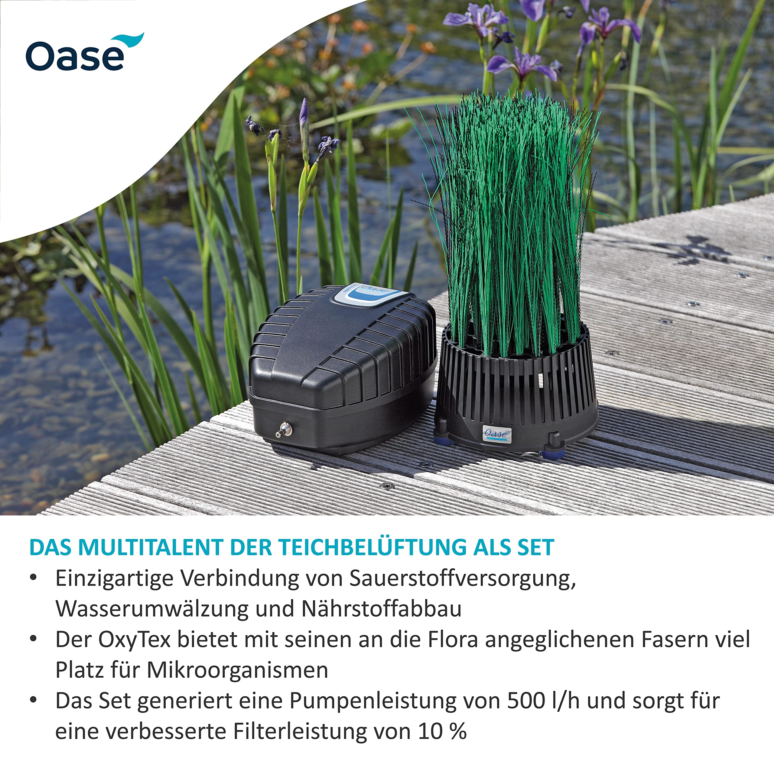 OASE 57071 Teichbelüfter OxyTex Set 500, Teichbelüftung, Sauerstoffversorgung, Belüftungspumpe, Filtermedium