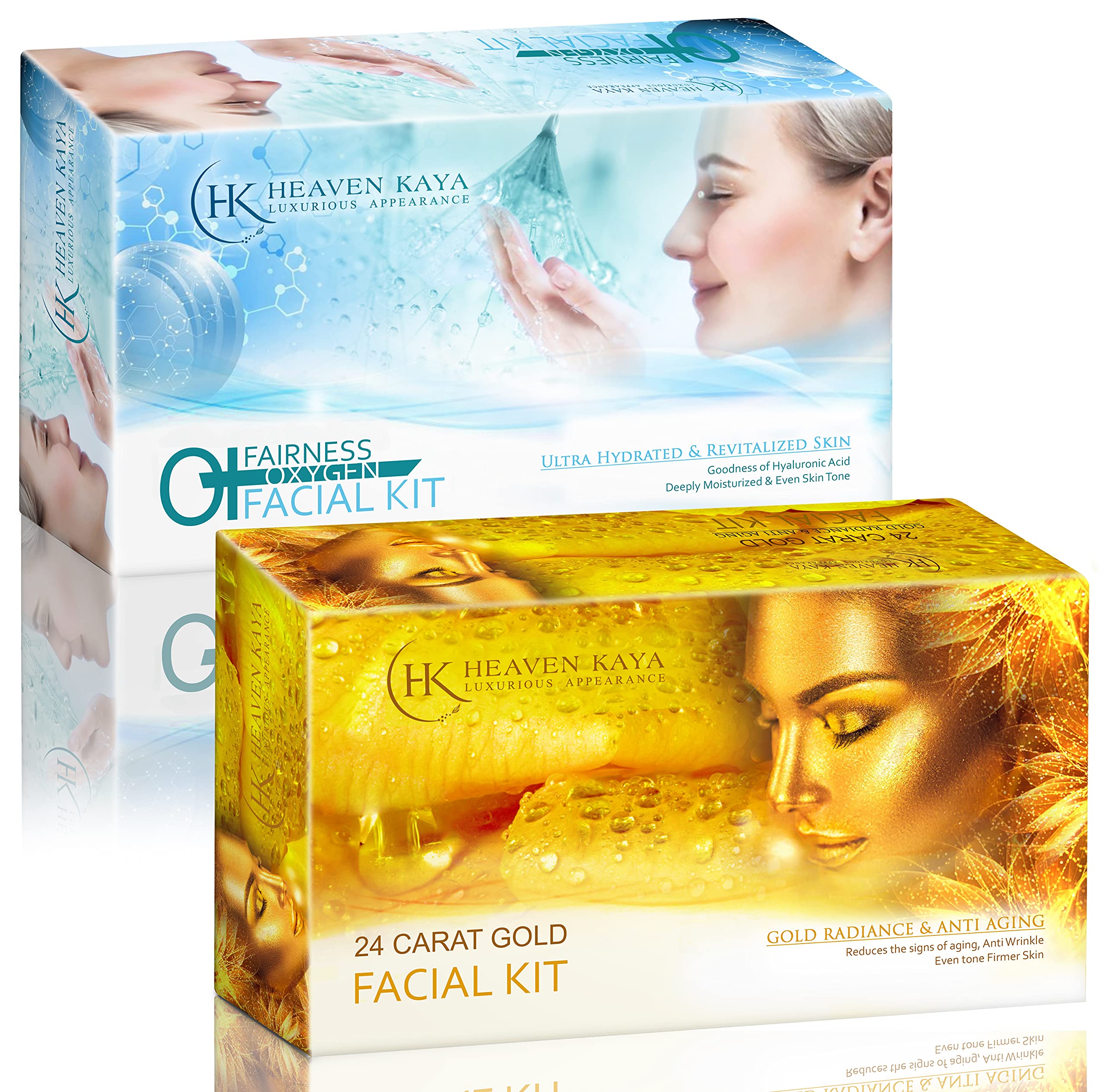 Heaven kaya Gold Facial Kit For Gold Radiance & Anti Aging (240g) + O+ Fairness Oxygen Facial kit For Repair Aged Skin Cell ,Brighter & Younger Looking Skin (240g)