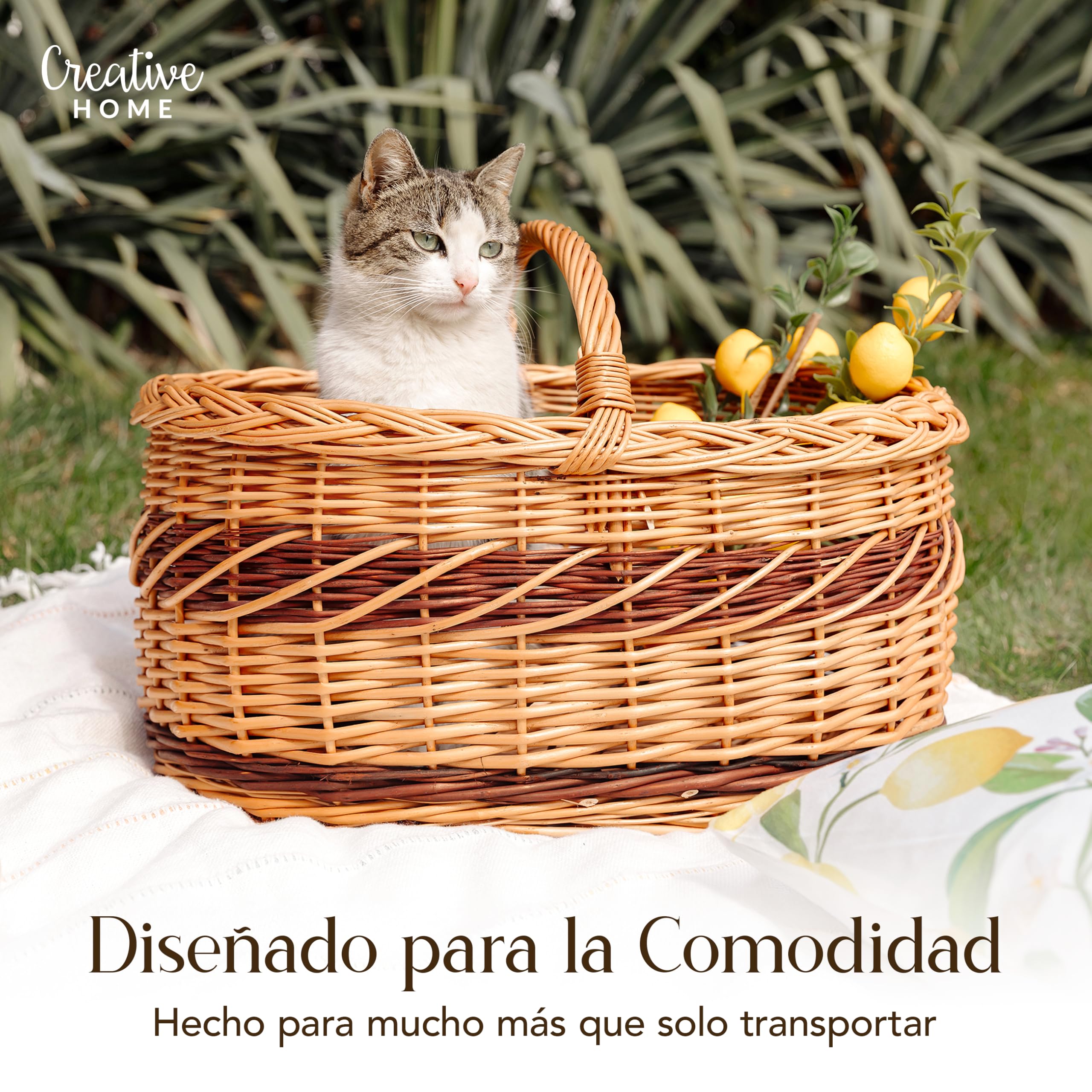 Creative Home Cesta de Mimbre Grande con Asa y Trenza | 52x35x36 cm (+/- 1 cm) Ligera | para Compra Regalo Picnic Plantas Decoración | Tejida a Mano | Marrón Natural | Multiuso, Práctica y Duradera