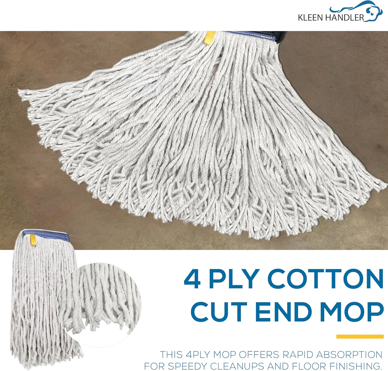 Pack of 6 Cut End Cotton Mop Head Replacement, 1.25-inch Universal Headband, Wet Mop Refills, Natural, 16 Oz