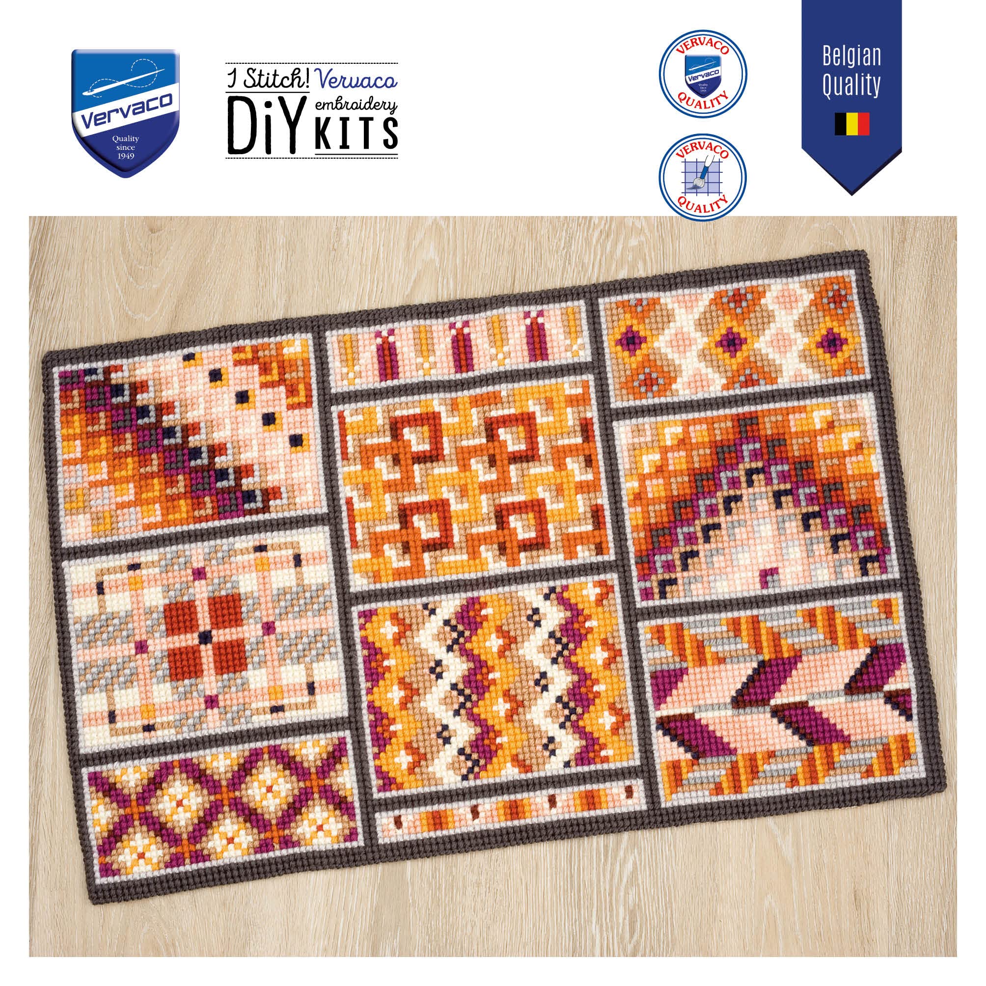 Vervaco Kreuzstich Stickpackungen, Teppich Kreuzstich Set vorgedruckt mit Stickbild auf 100% Baumwoll Stoff und Stickgarn, Stickvorlagen 75 x 50 cm mit Anleitung, Geometrische Flächen