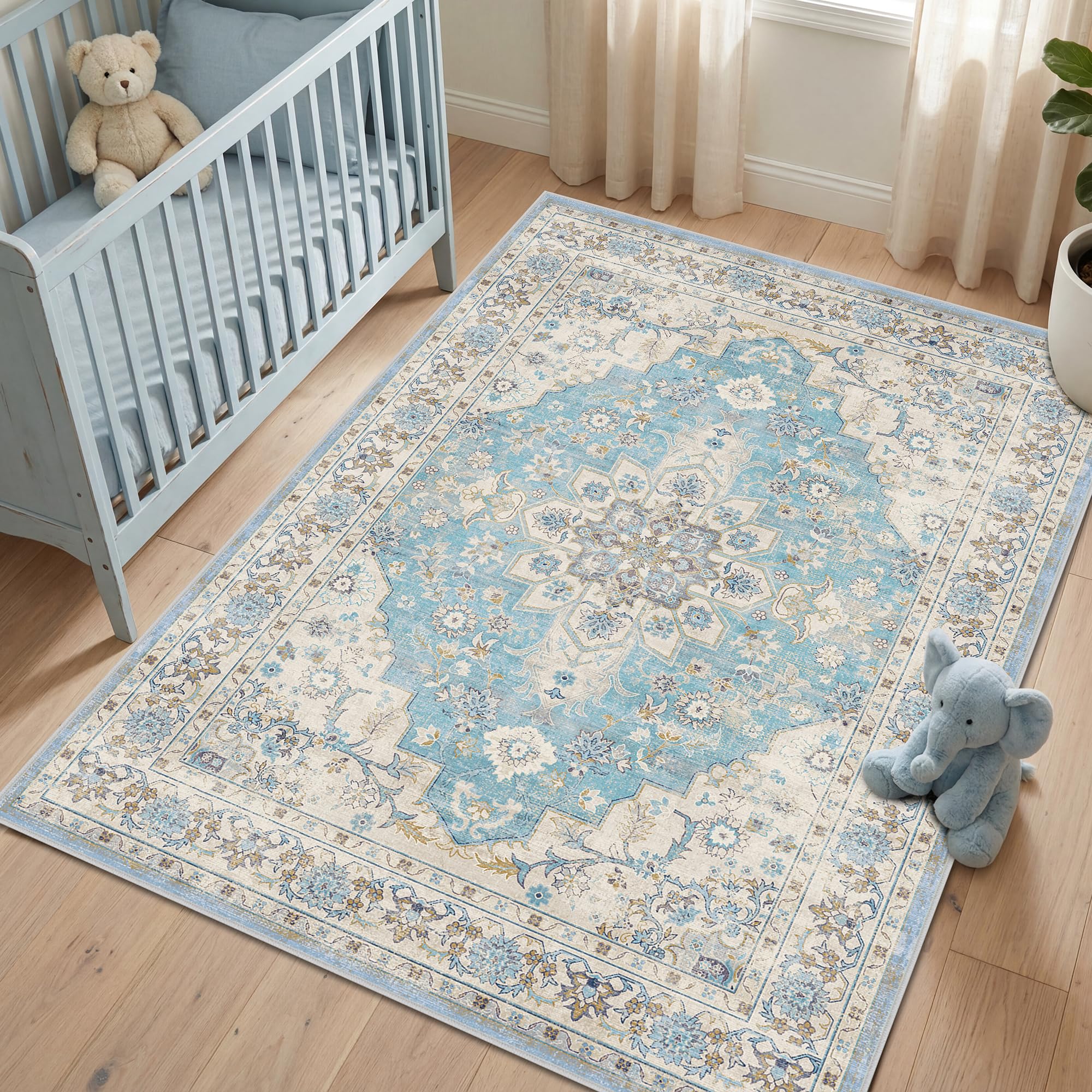 Autsel Rugs for Living Room Bedroom 120x170cm, Small Machine Washable Area Rugs Non-slip, Vintage Boho Rugs, Soft Short Pile Carpet, Light Blue Runner Rugs for Hallway, Carpet for Kitchen, Office
